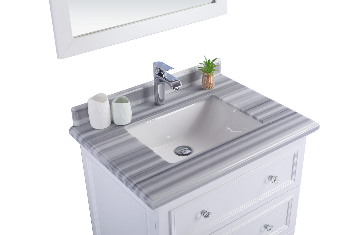 Luna 30" White Bathroom Vanity with White Stripes Marble Countertop