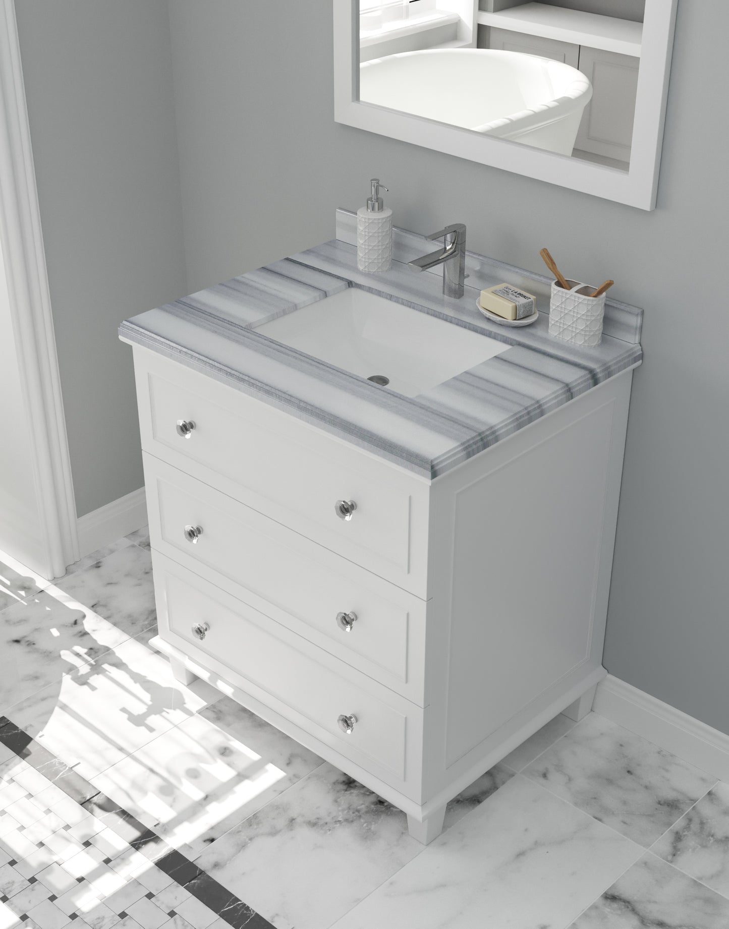 Luna 30" White Bathroom Vanity with White Stripes Marble Countertop