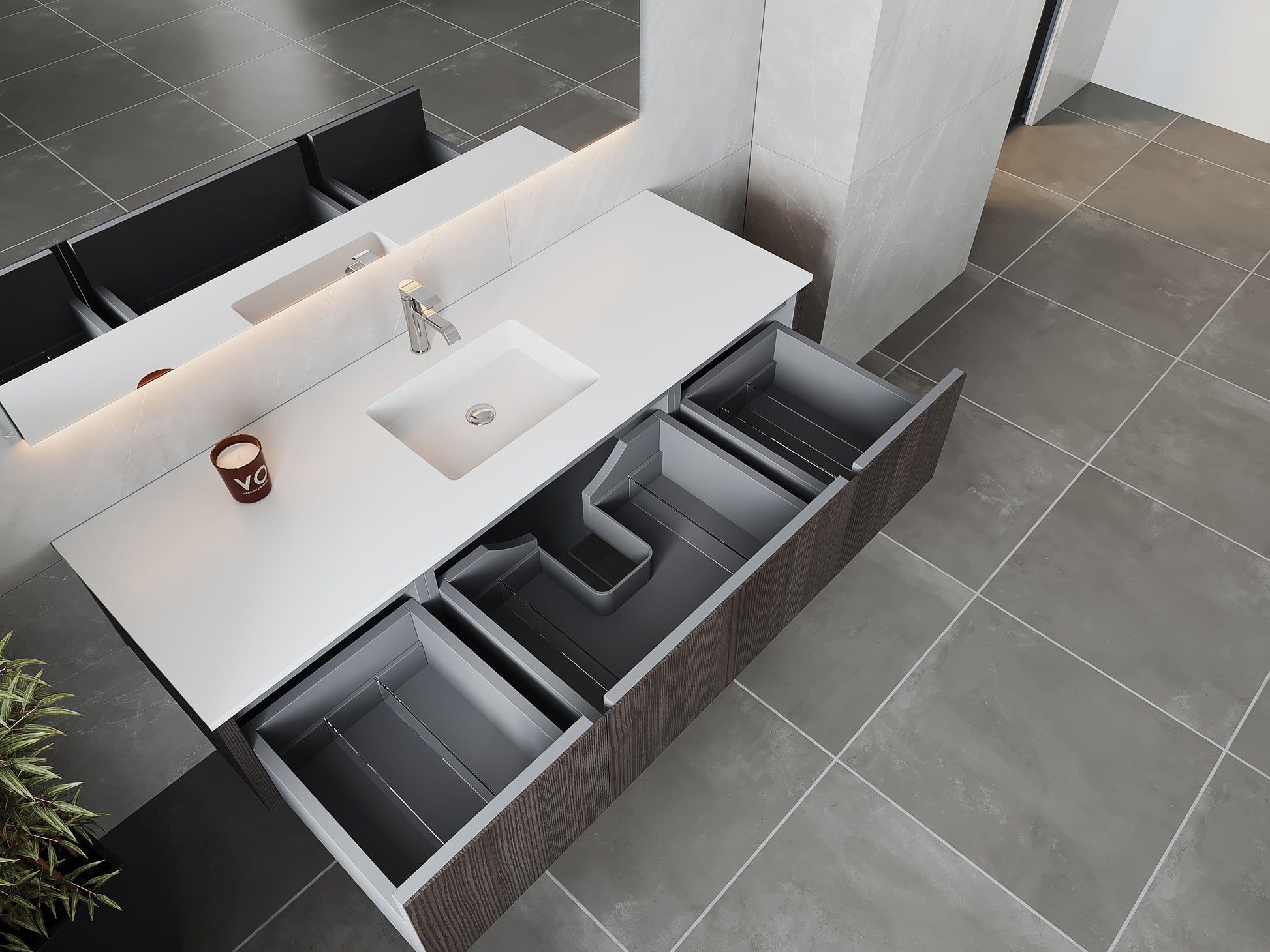 Legno 66" Carbon Oak Bathroom Vanity with Matte White VIVA Stone Solid Surface Countertop