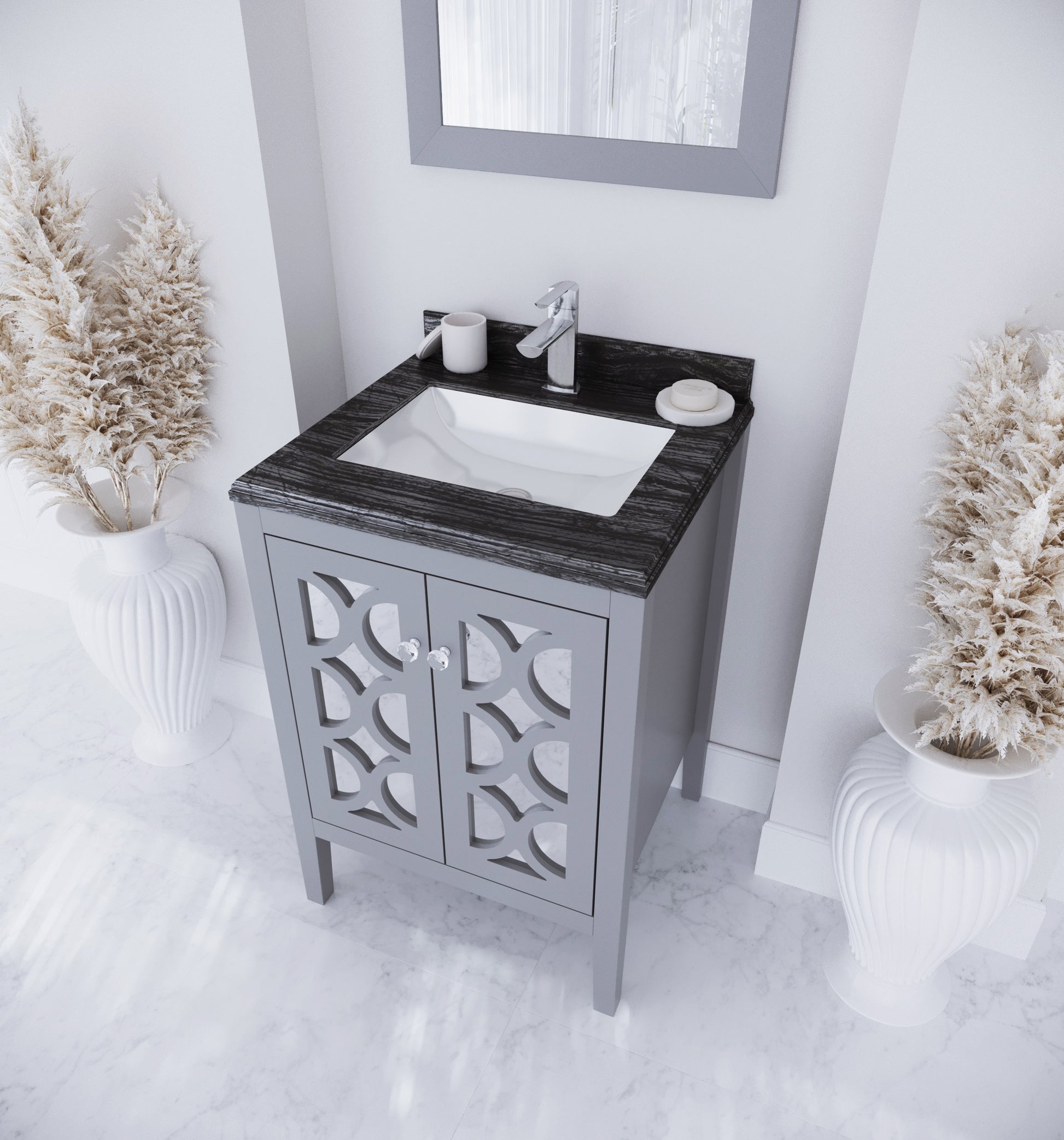 Mediterraneo 24" Grey Bathroom Vanity with Black Wood Marble Countertop