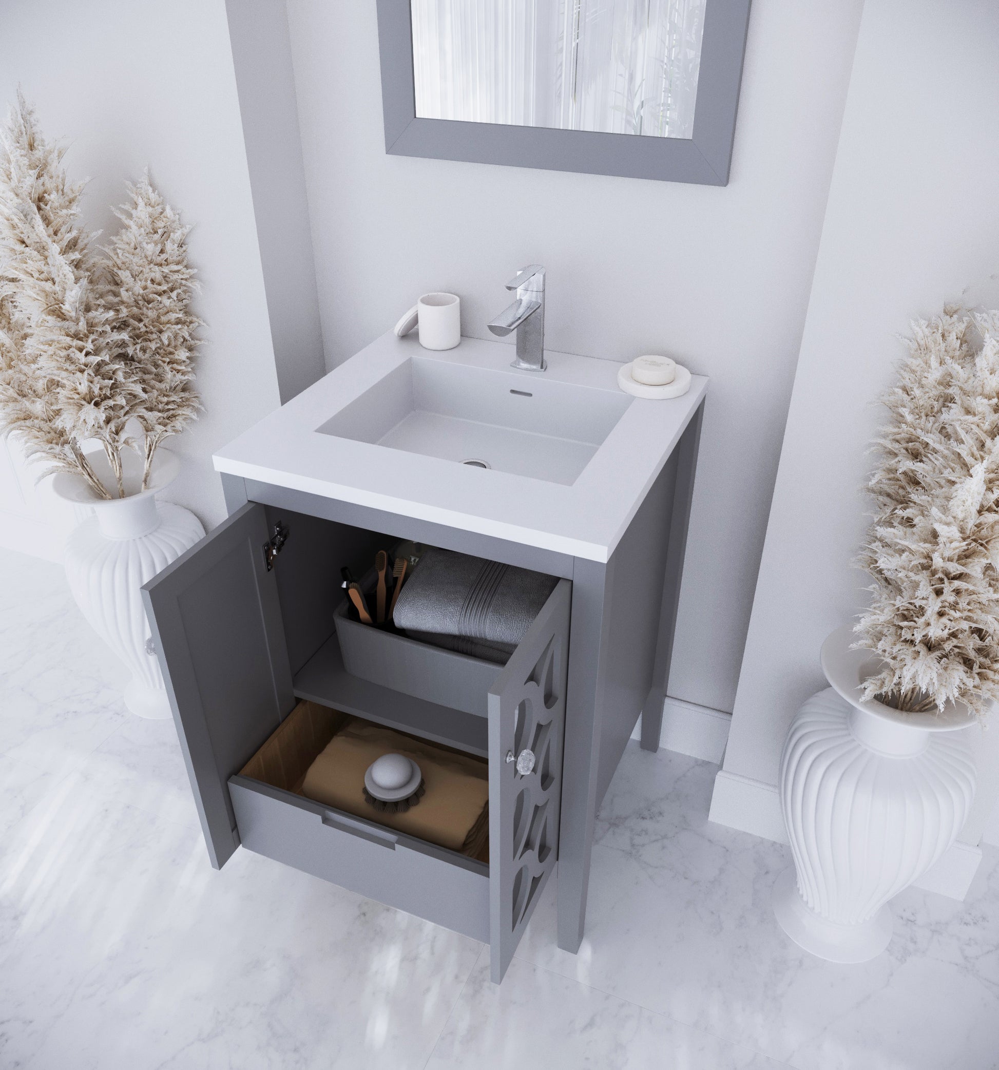 Mediterraneo 24" Grey Bathroom Vanity with Matte White VIVA Stone Solid Surface Countertop