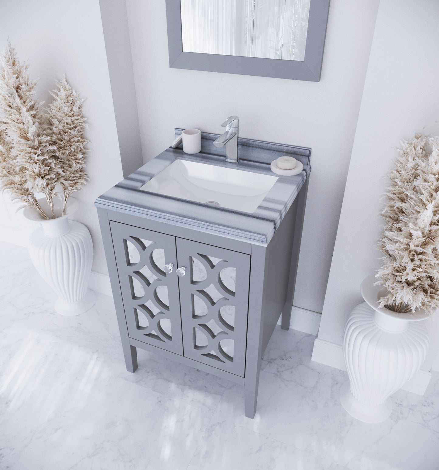 Mediterraneo 24" Grey Bathroom Vanity with White Stripes Marble Countertop