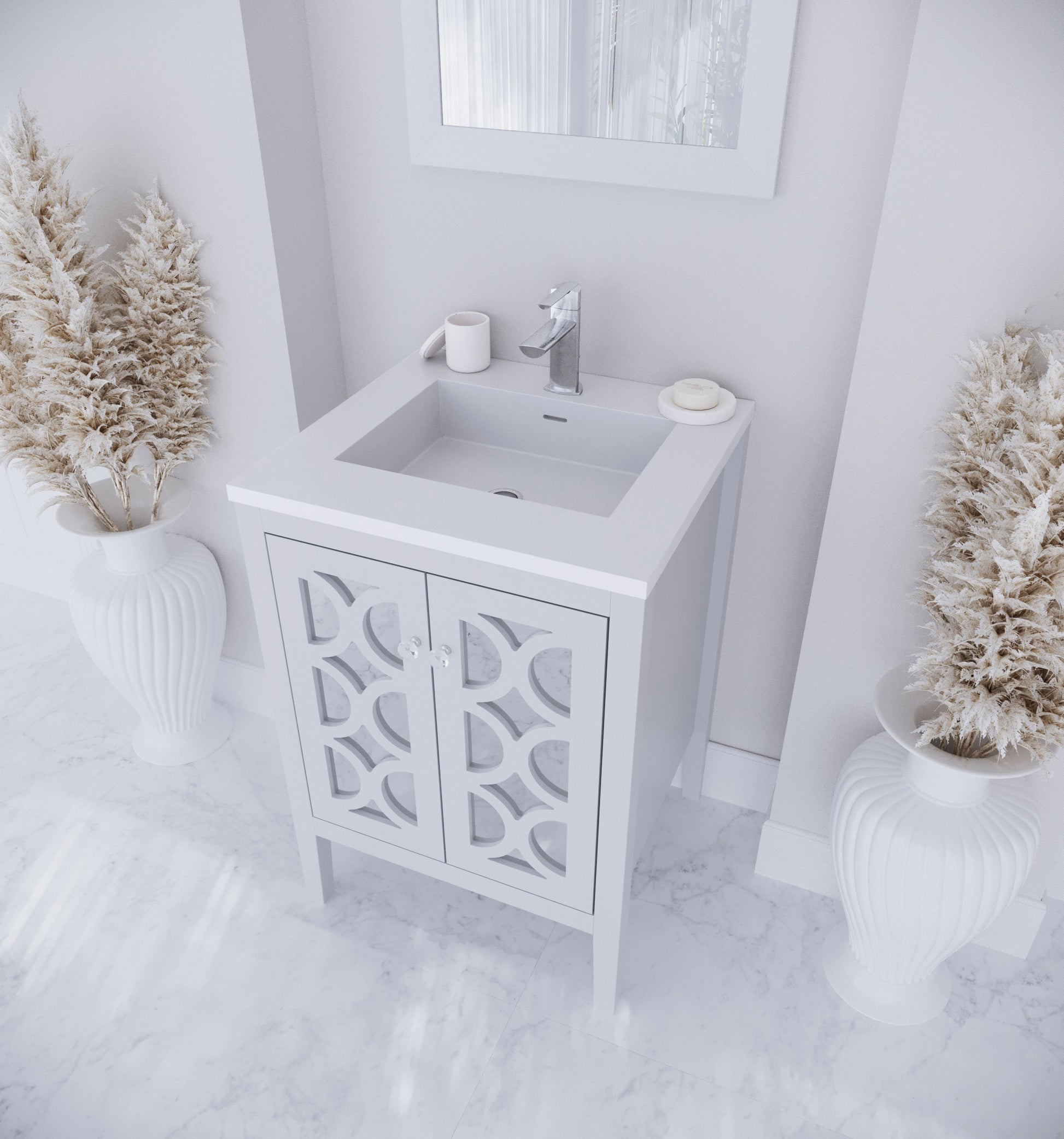 Mediterraneo 24" White Bathroom Vanity with Matte White VIVA Stone Solid Surface Countertop