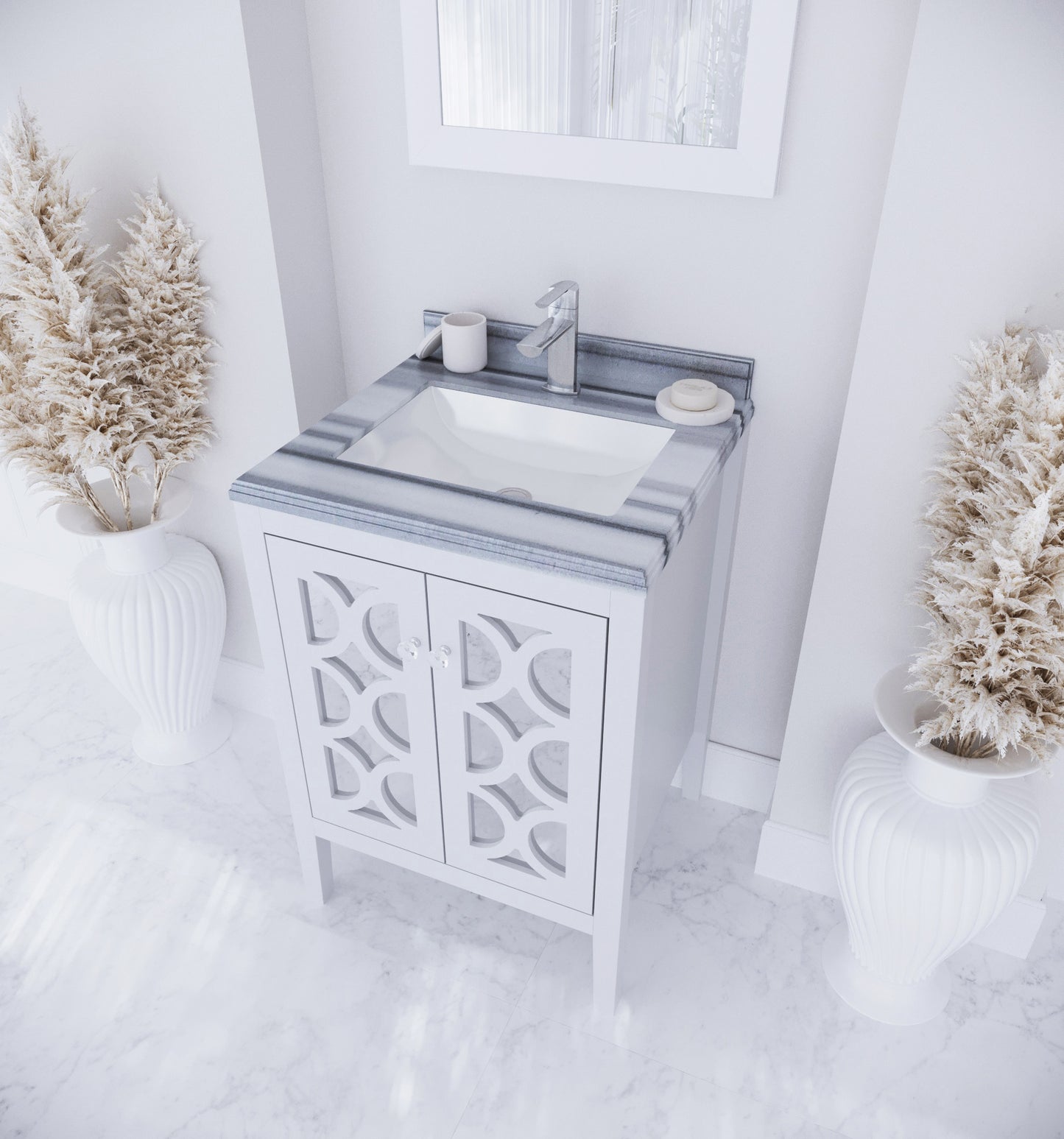 Mediterraneo 24" White Bathroom Vanity with White Stripes Marble Countertop