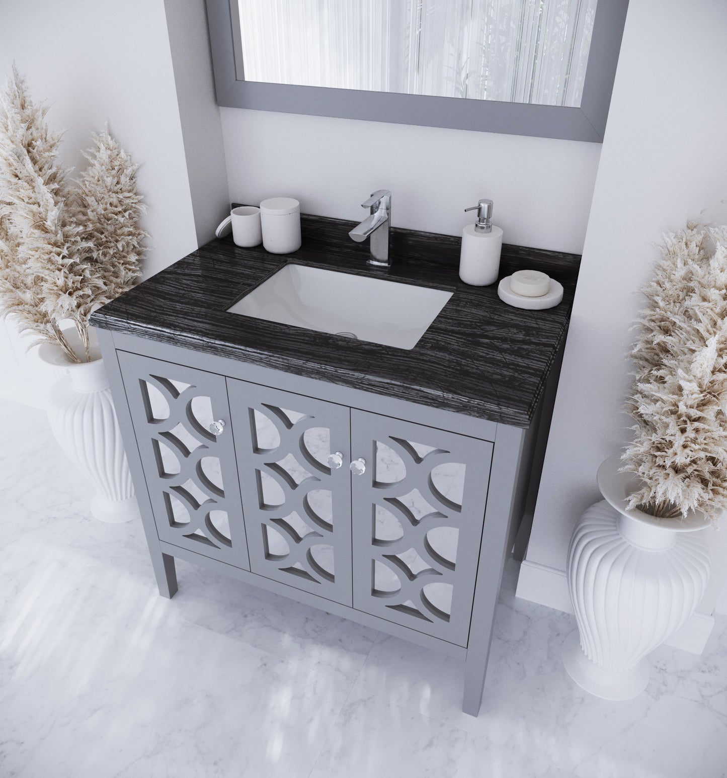 Mediterraneo 36" Grey Bathroom Vanity with Black Wood Marble Countertop