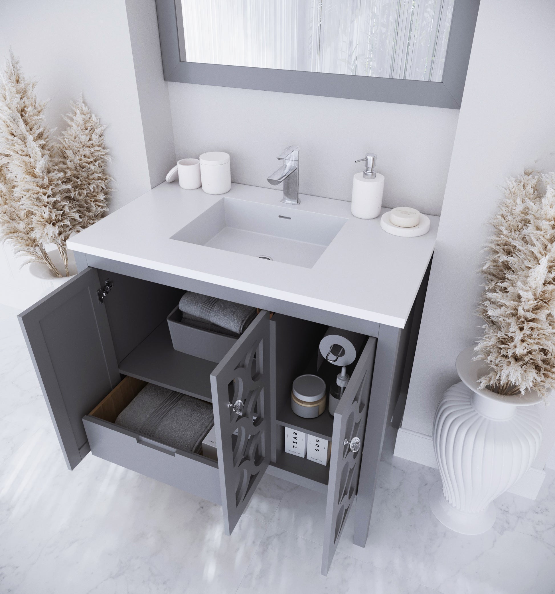 Mediterraneo 36" Grey Bathroom Vanity with Matte White VIVA Stone Solid Surface Countertop