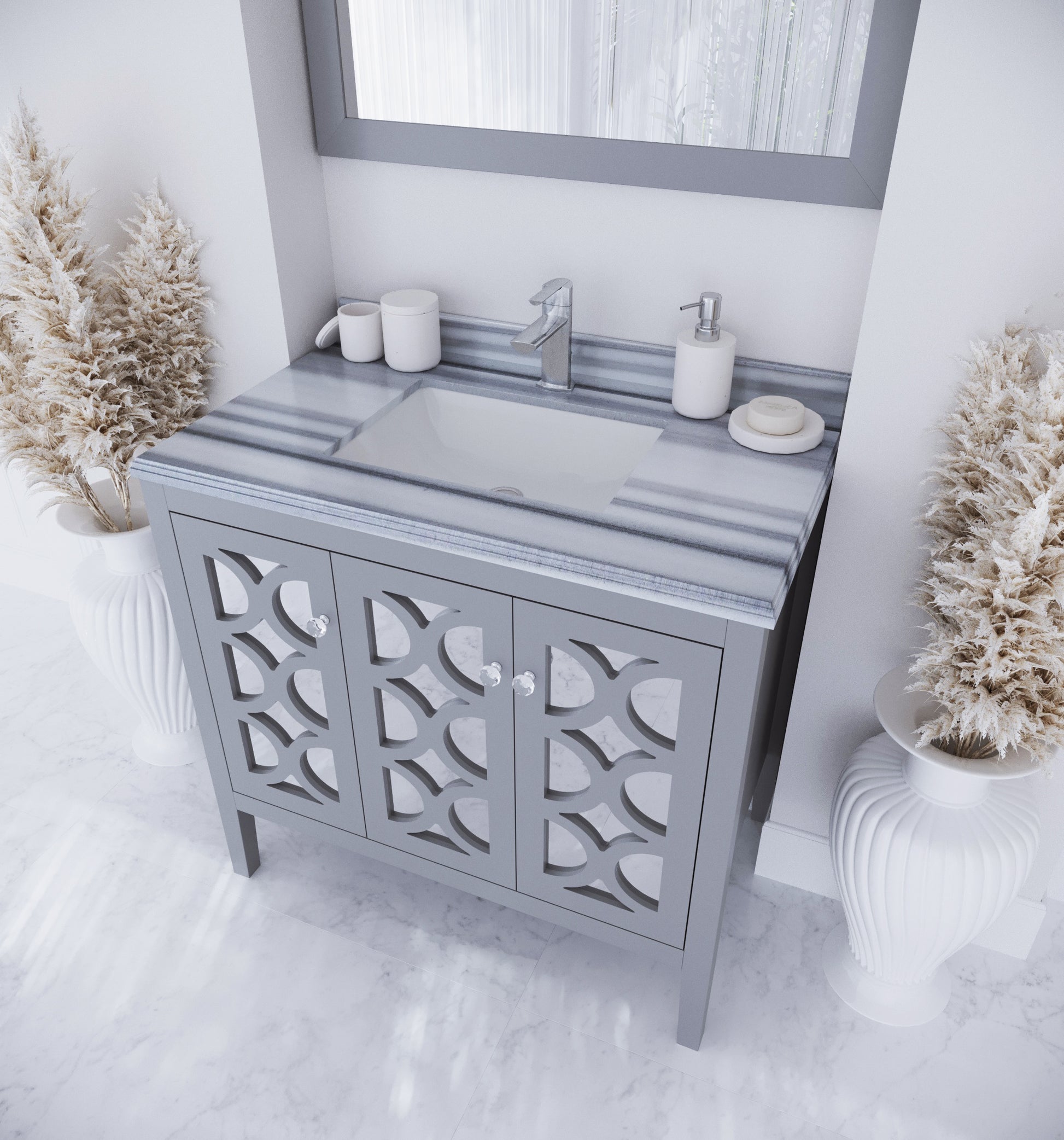 Mediterraneo 36" Grey Bathroom Vanity with White Stripes Marble Countertop