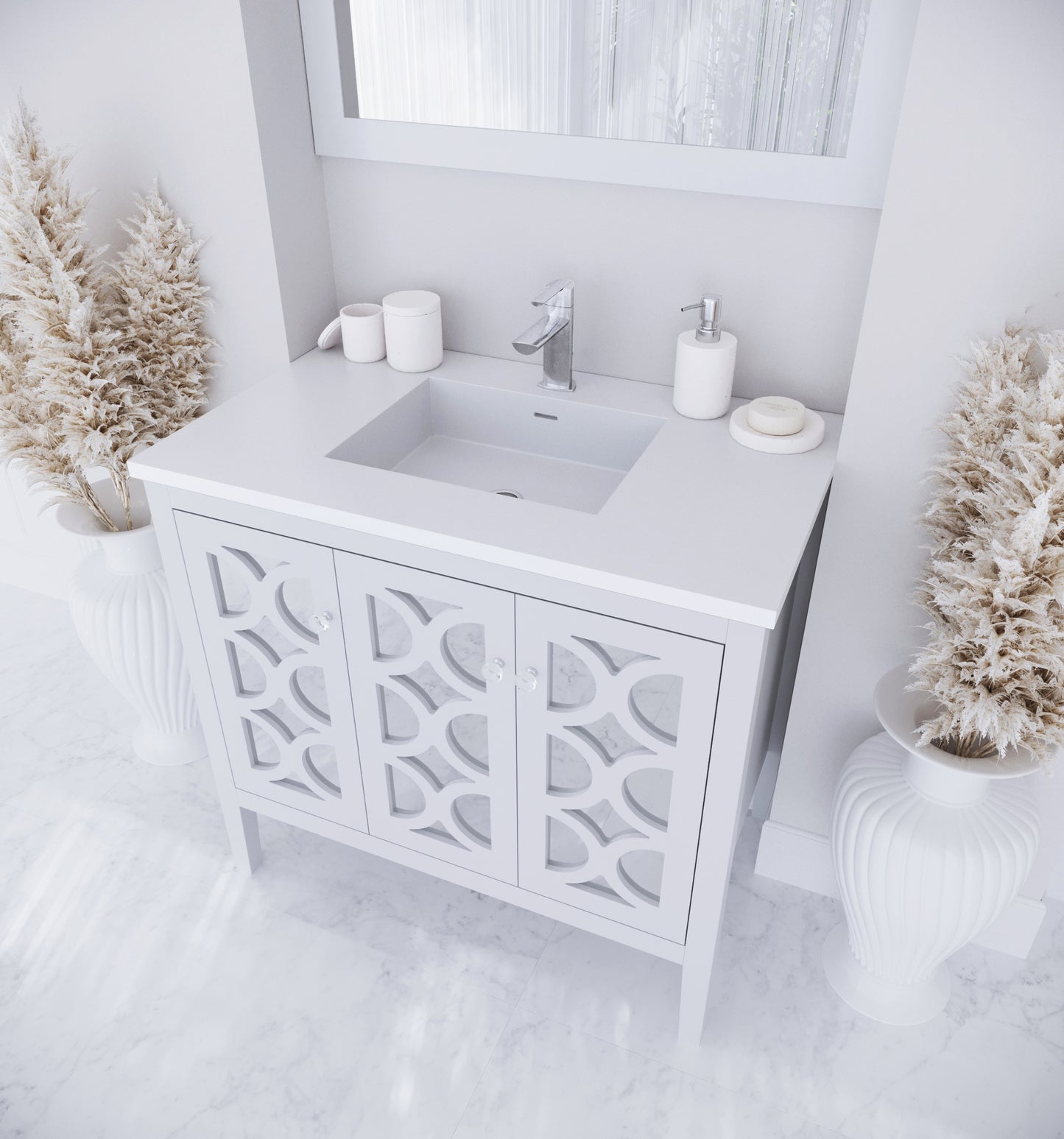 Mediterraneo 36" White Bathroom Vanity with Matte White VIVA Stone Solid Surface Countertop