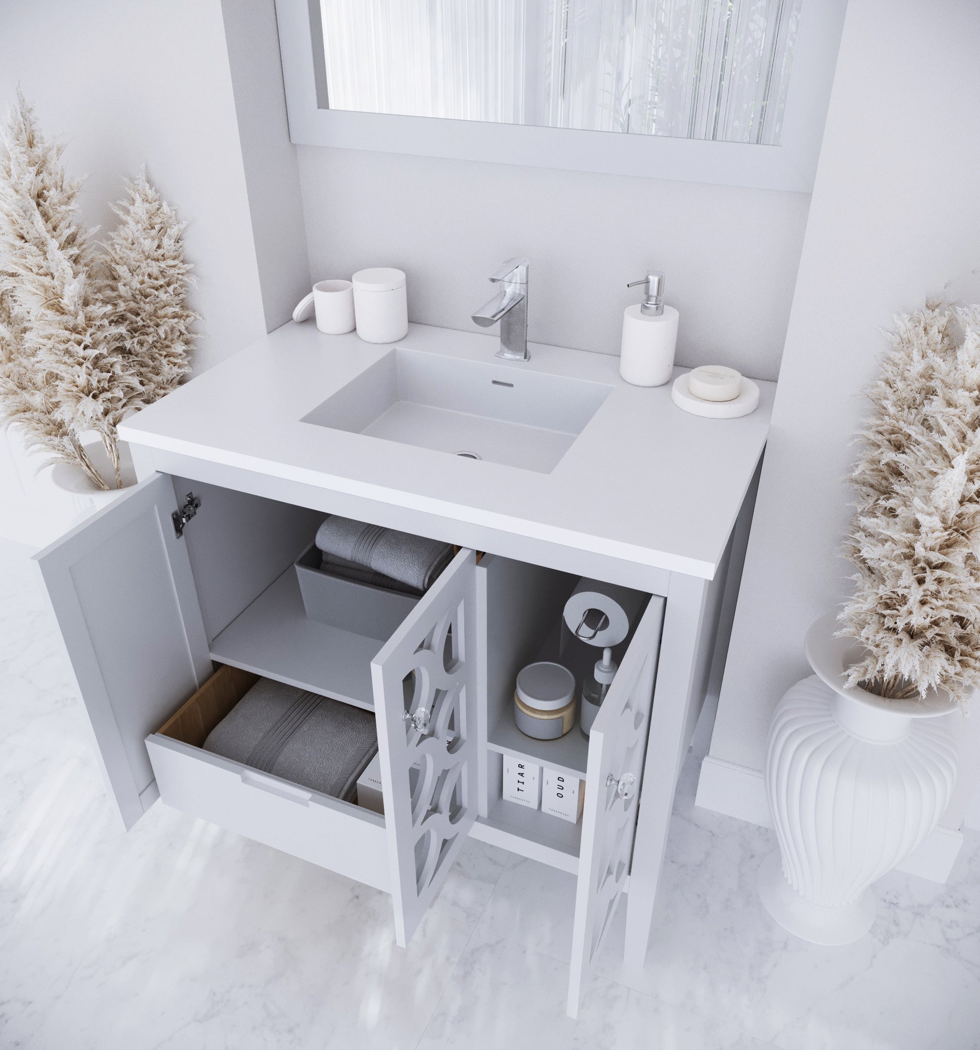 Mediterraneo 36" White Bathroom Vanity with Matte White VIVA Stone Solid Surface Countertop