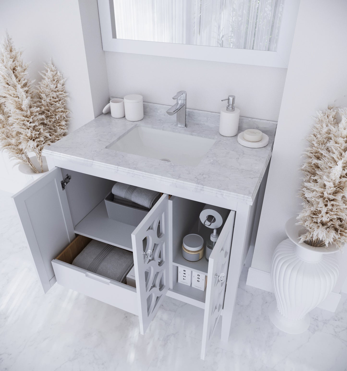 Mediterraneo 36" White Bathroom Vanity with White Carrara Marble Countertop