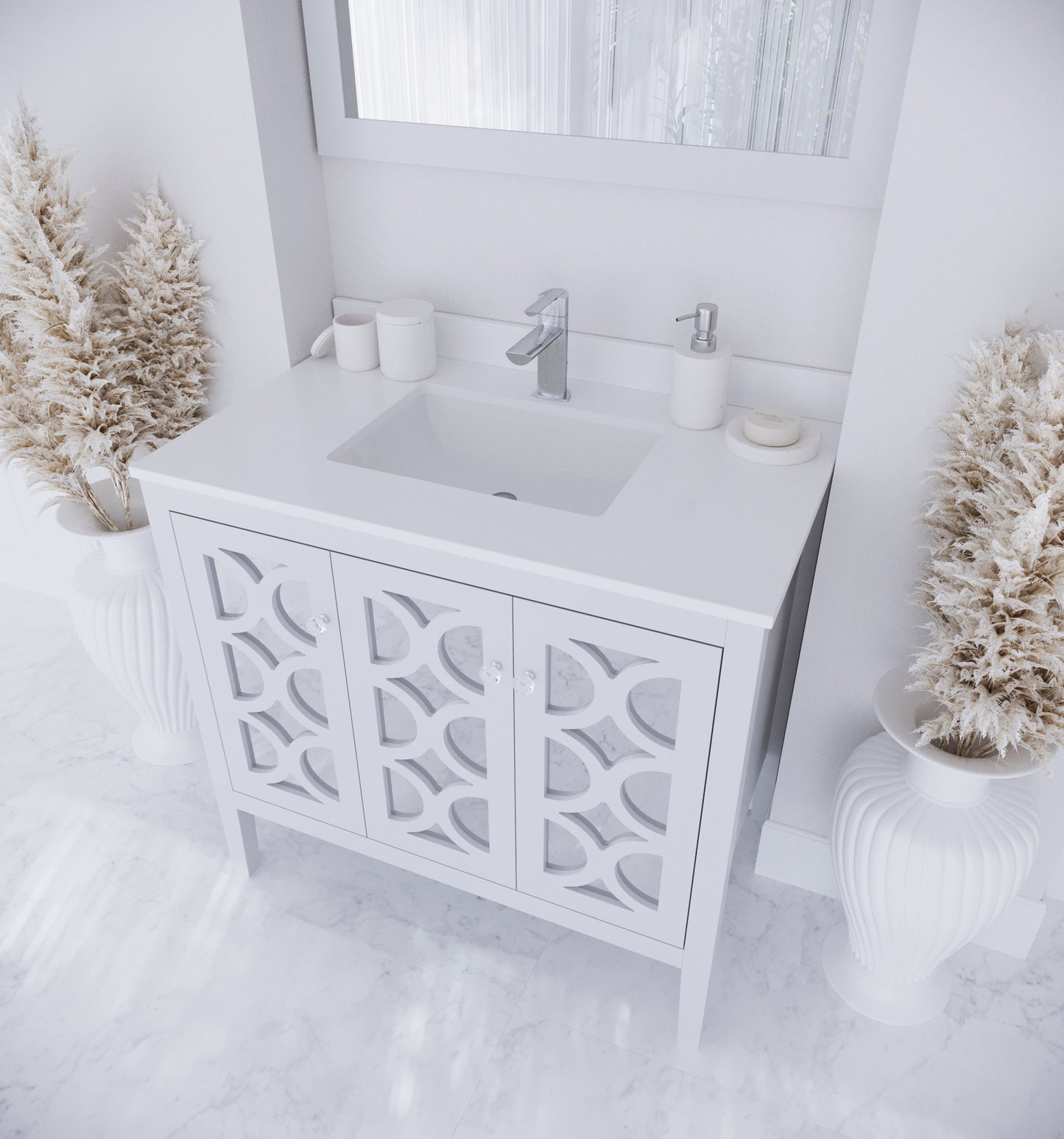 Mediterraneo 36" White Bathroom Vanity with White Quartz Countertop