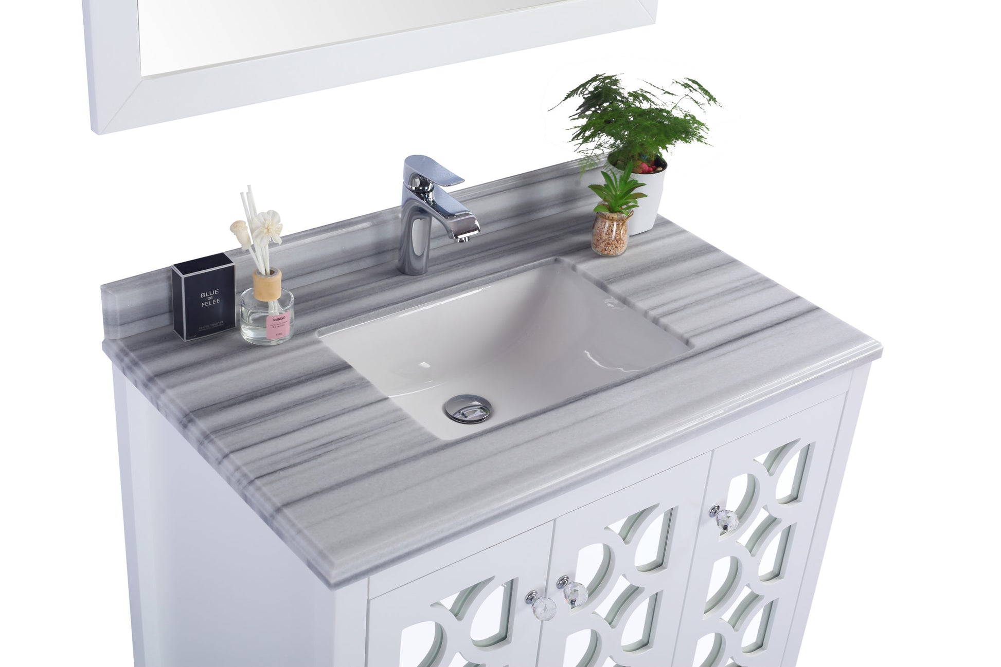 Mediterraneo 36" White Bathroom Vanity with White Stripes Marble Countertop