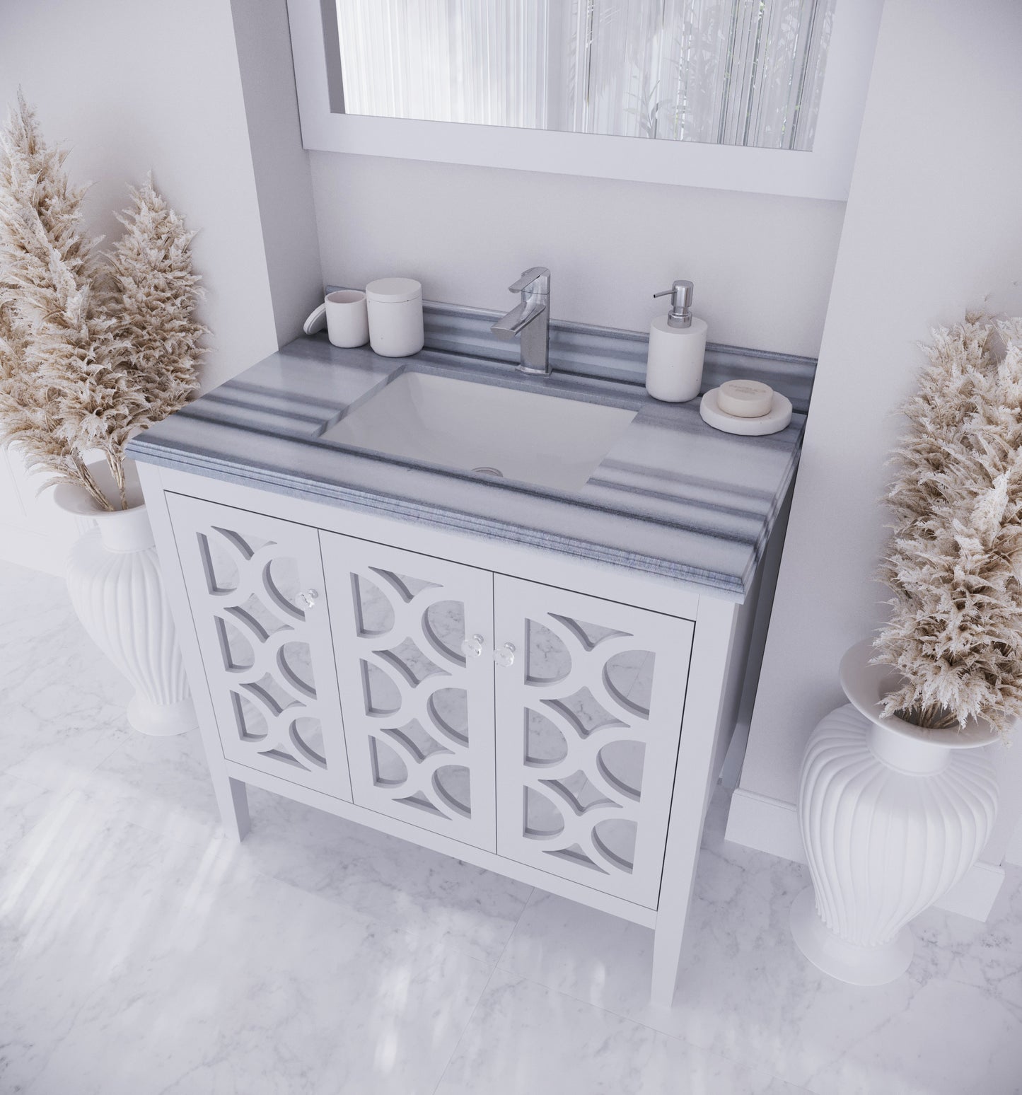 Mediterraneo 36" White Bathroom Vanity with White Stripes Marble Countertop