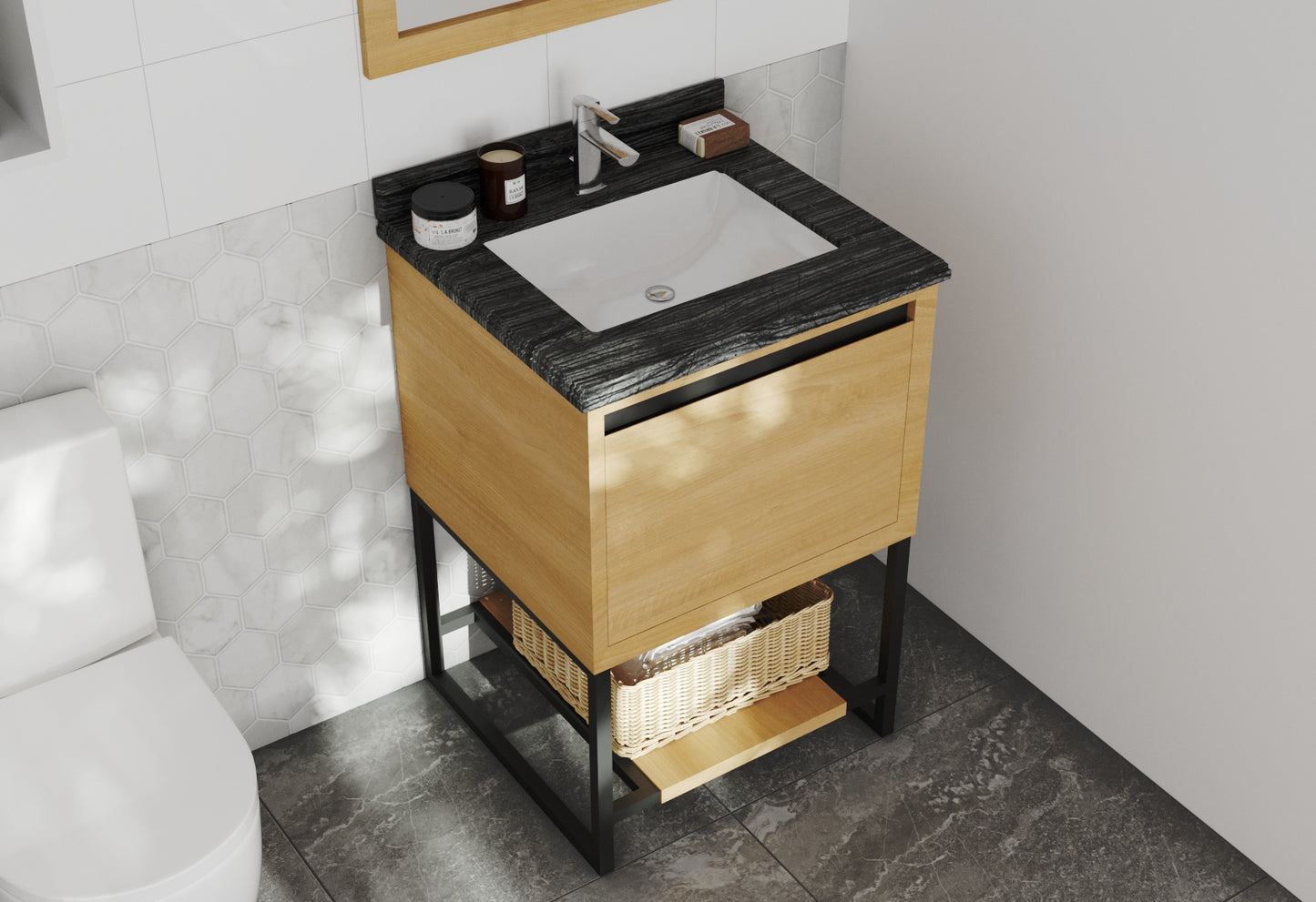 Alto 24” California White Oak Bathroom Vanity with Black Wood Marble Countertop