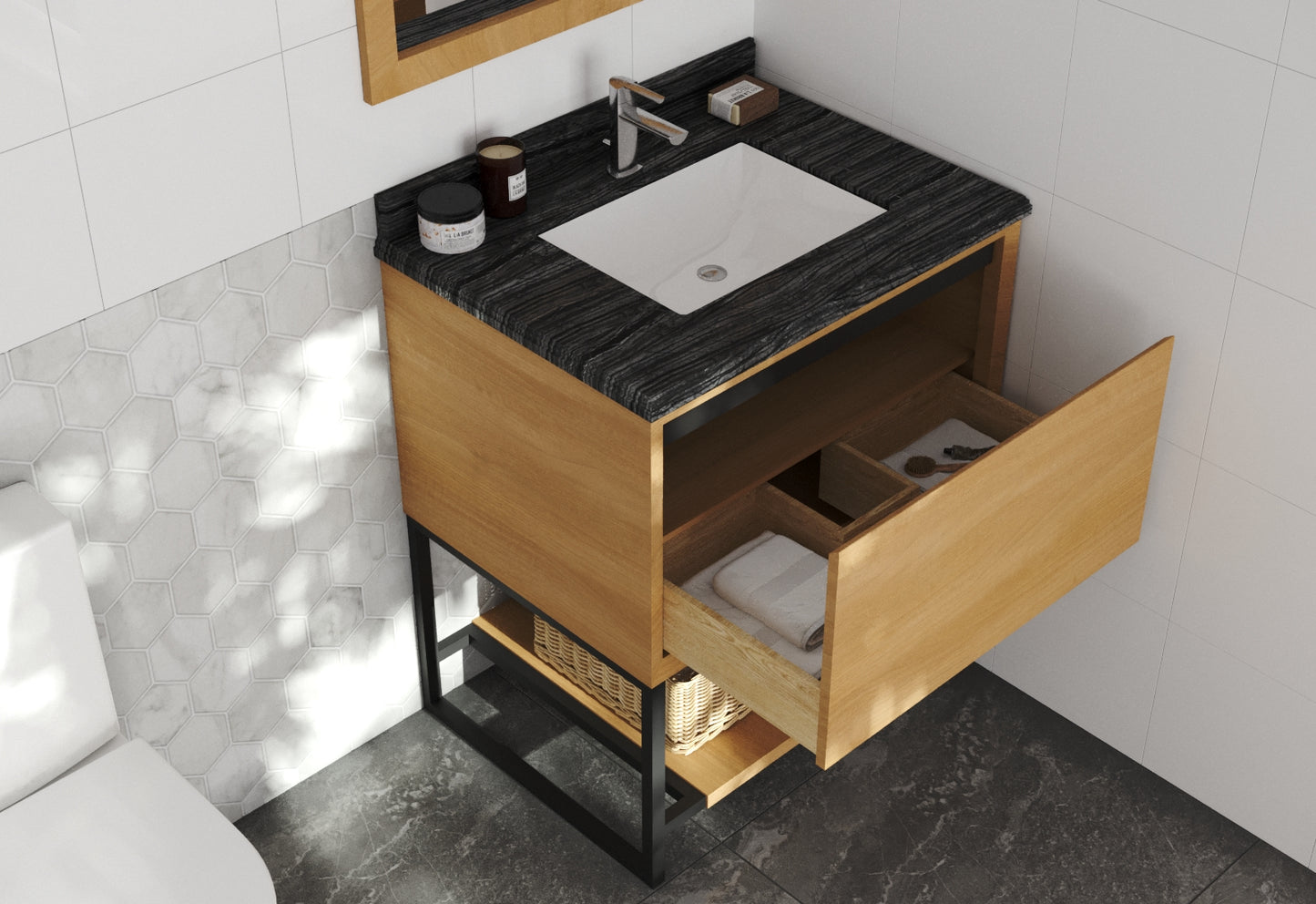 Alto 30" California White Oak Bathroom Vanity with Black Wood Marble Countertop