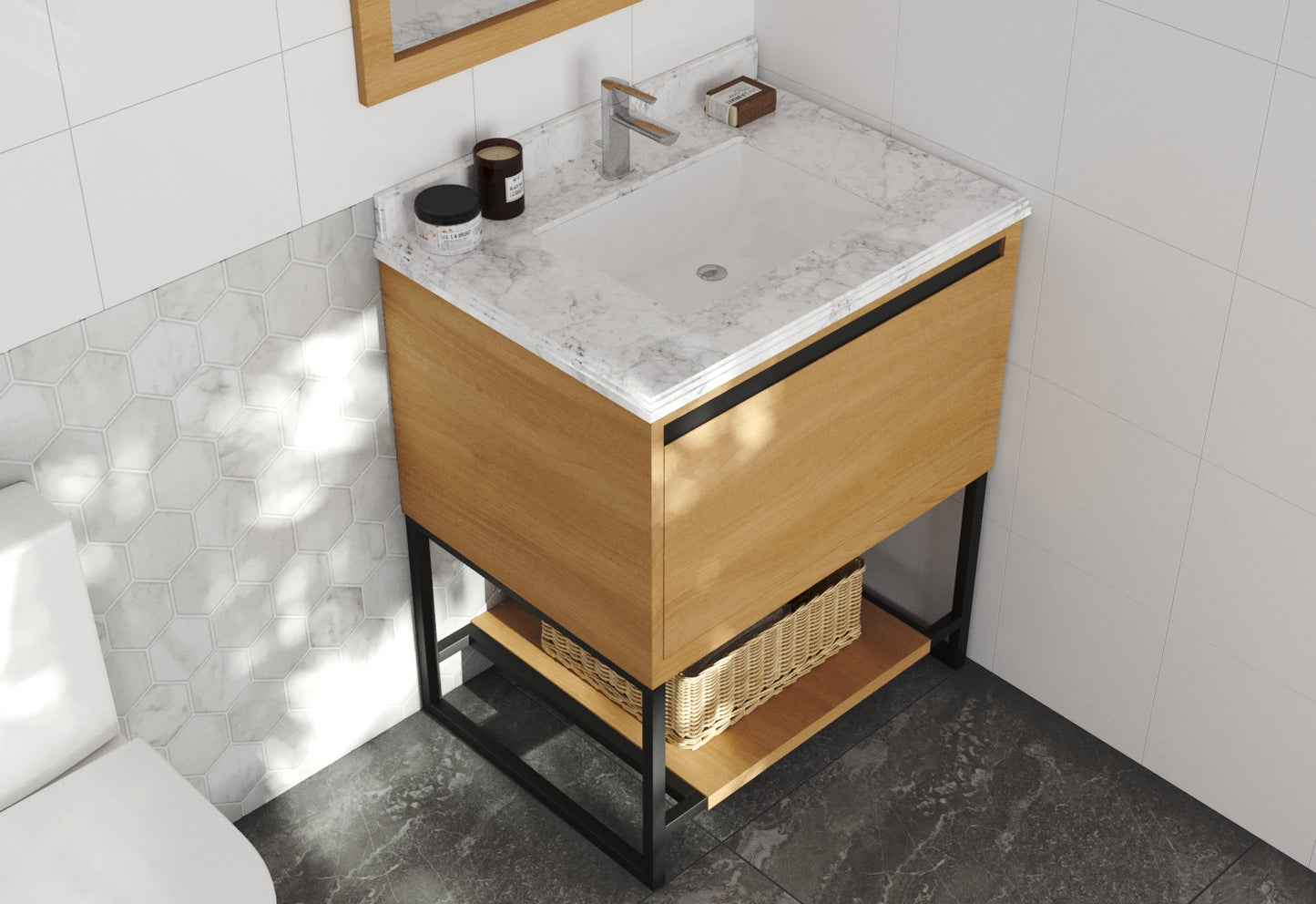 Alto 30" California White Oak Bathroom Vanity with White Carrara Marble Countertop