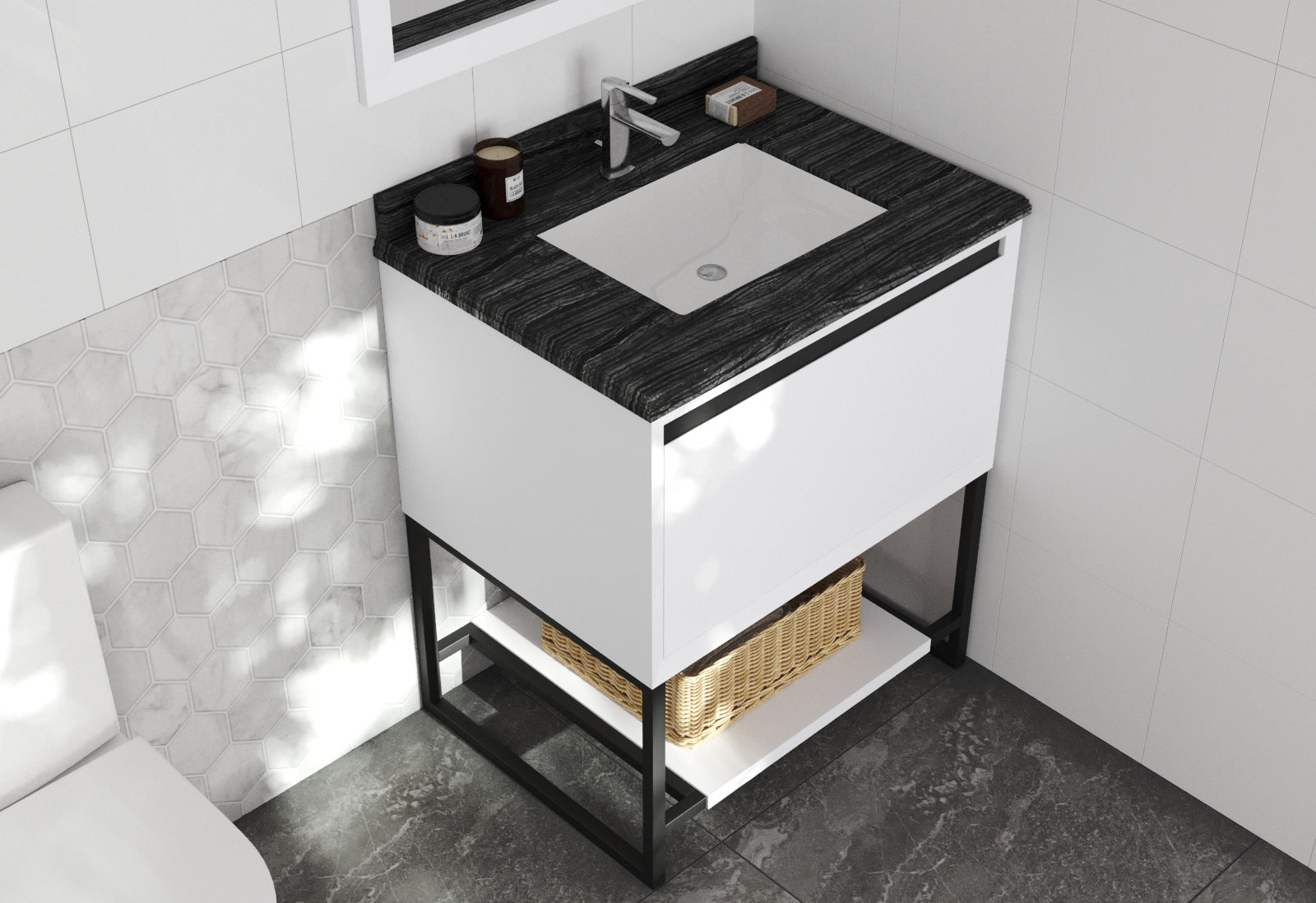 Alto 30" White Bathroom Vanity with Black Wood Marble Countertop