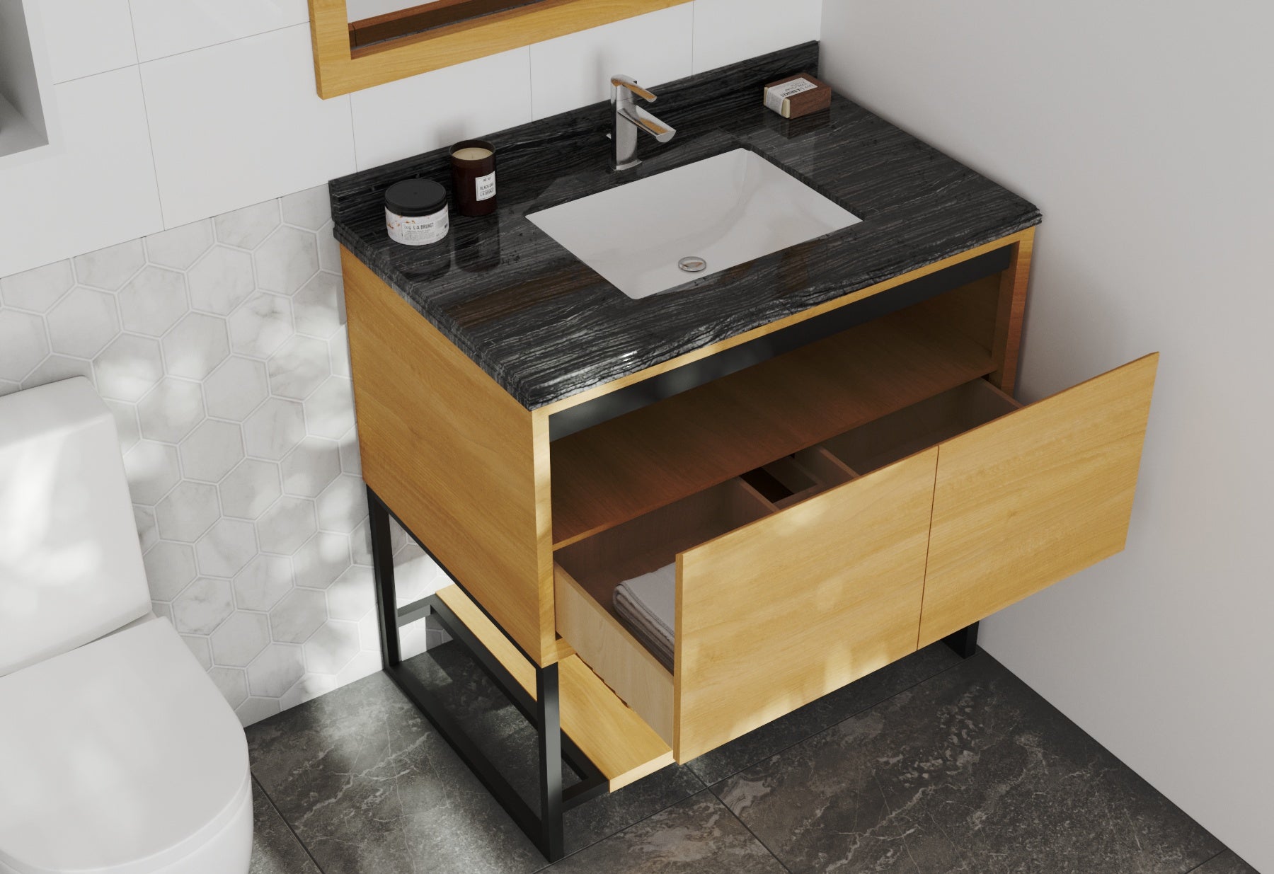 Alto 36" California White Oak Bathroom Vanity with Black Wood Marble Countertop