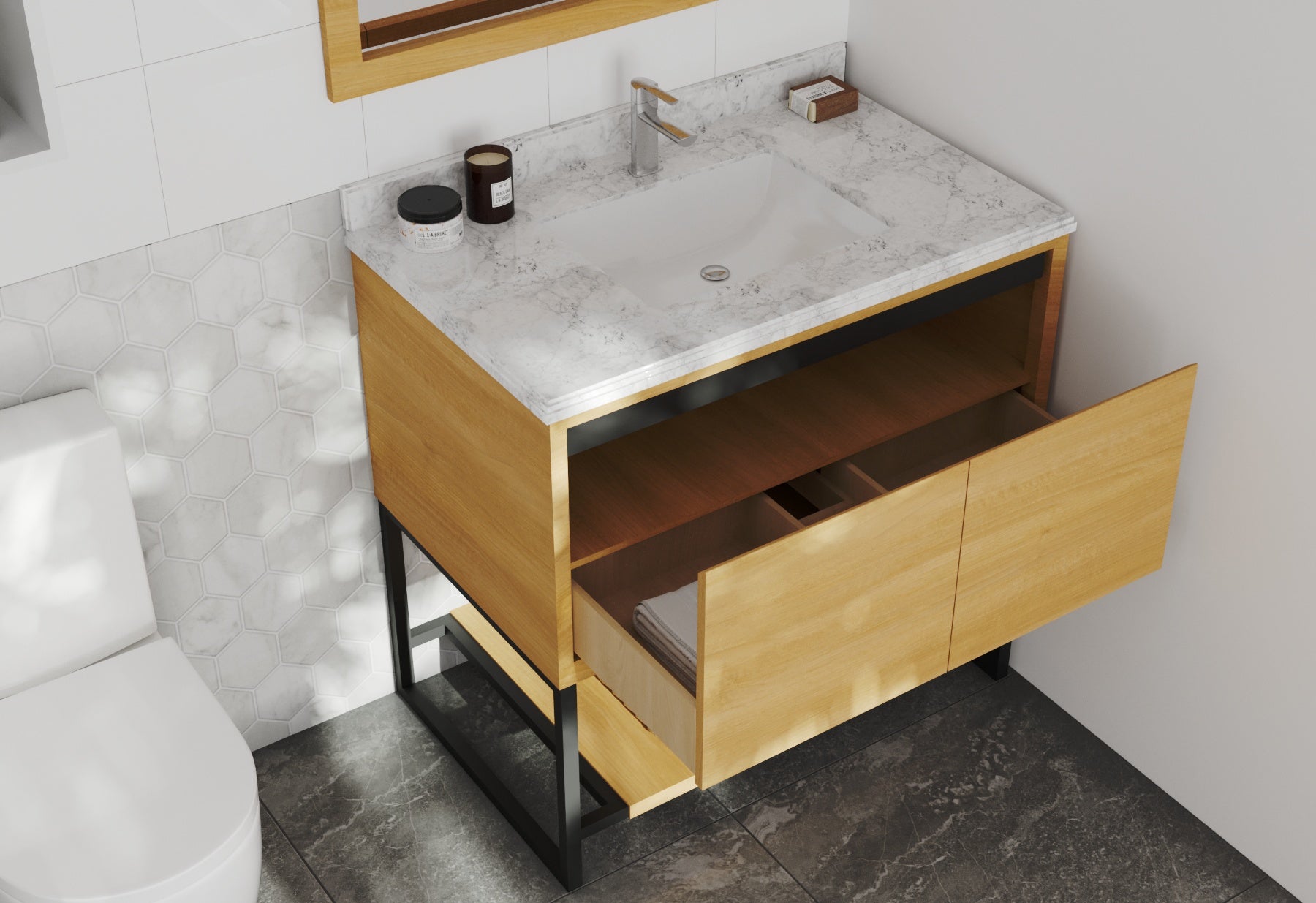 Alto 36" California White Oak Bathroom Vanity with White Carrara Marble Countertop