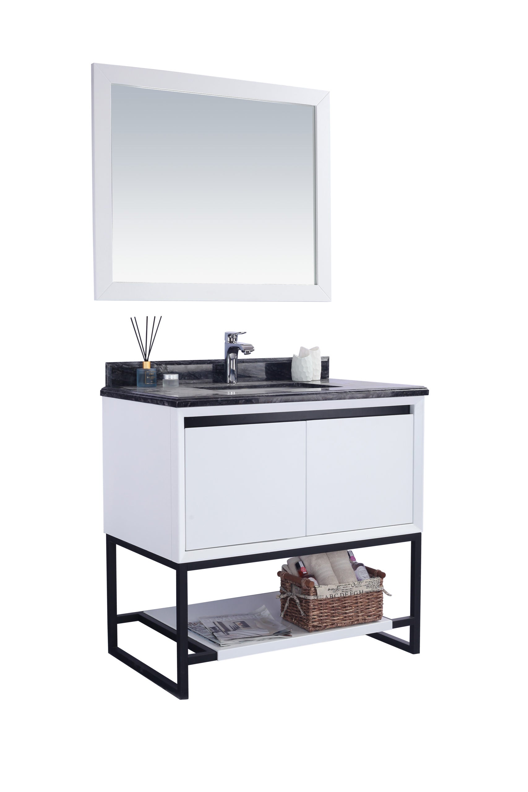 Alto 36" White Bathroom Vanity with Black Wood Marble Countertop