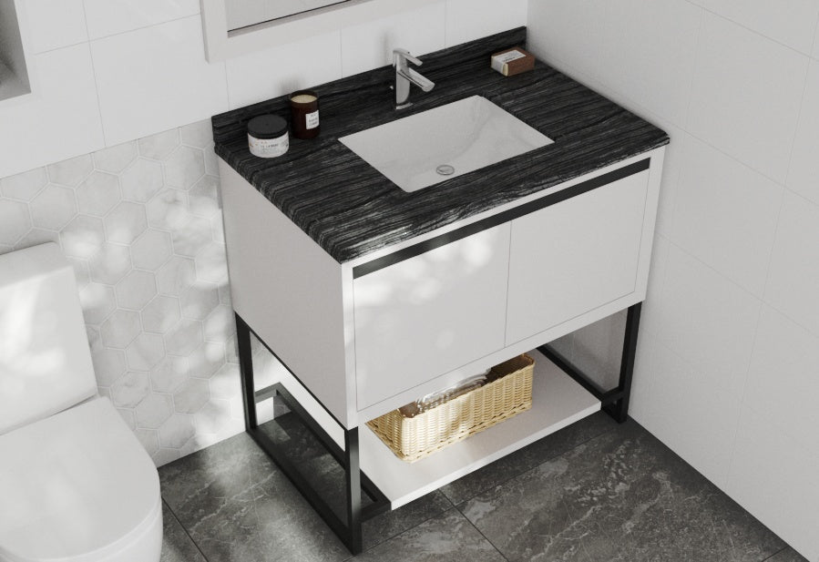 Alto 36" White Bathroom Vanity with Black Wood Marble Countertop