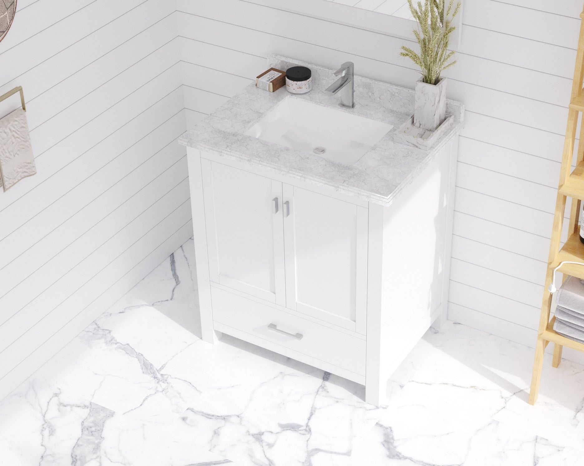 Forever 30" Single Hole White Carrara Marble Countertop with Rectangular Ceramic Sink