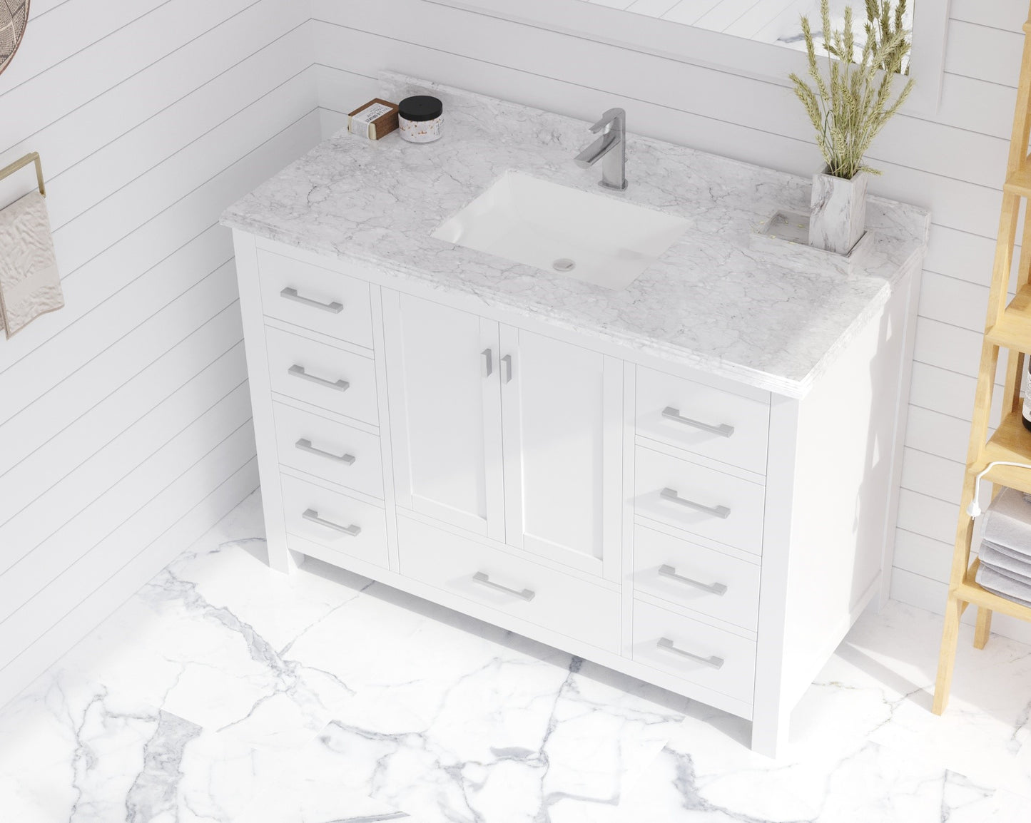 Forever 48" Single Hole White Carrara Marble Countertop with Rectangular Ceramic Sink