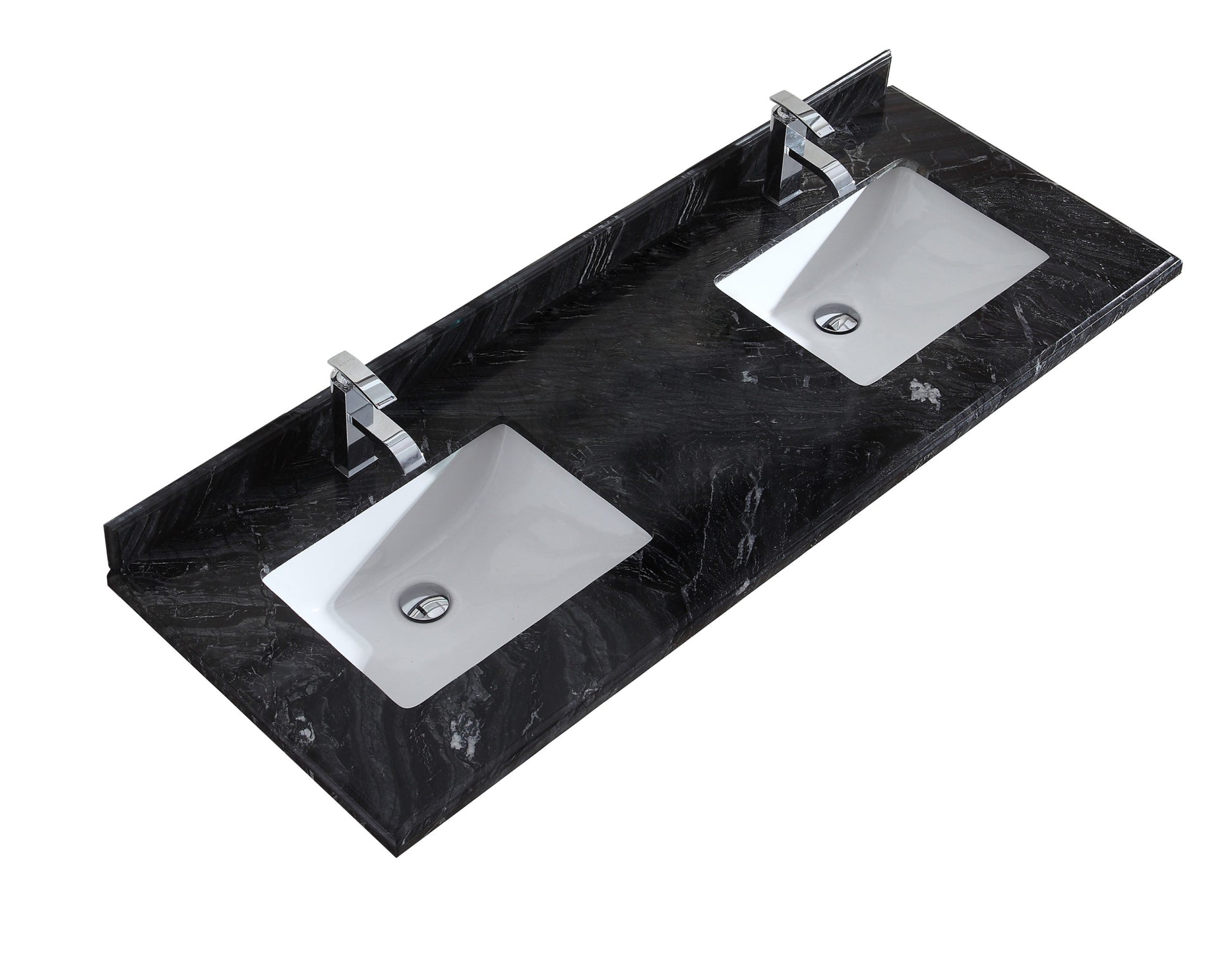 Forever 60" Single Hole Black Wood Marble Countertop with Double Rectangular Ceramic Sinks