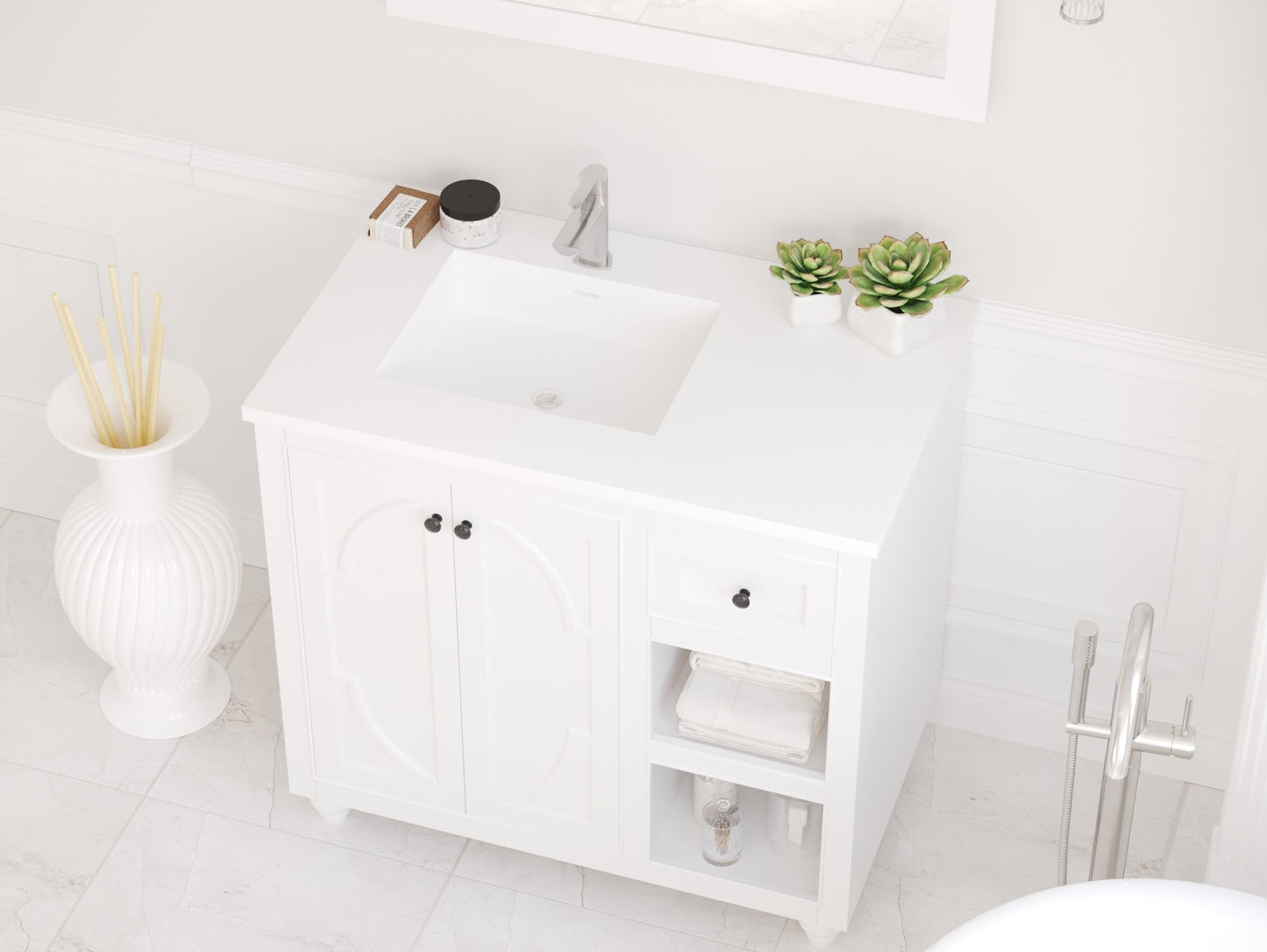 Forever VIVA Stone 36" Matte White Solid Surface Countertop with Left Offset Integrated Sink