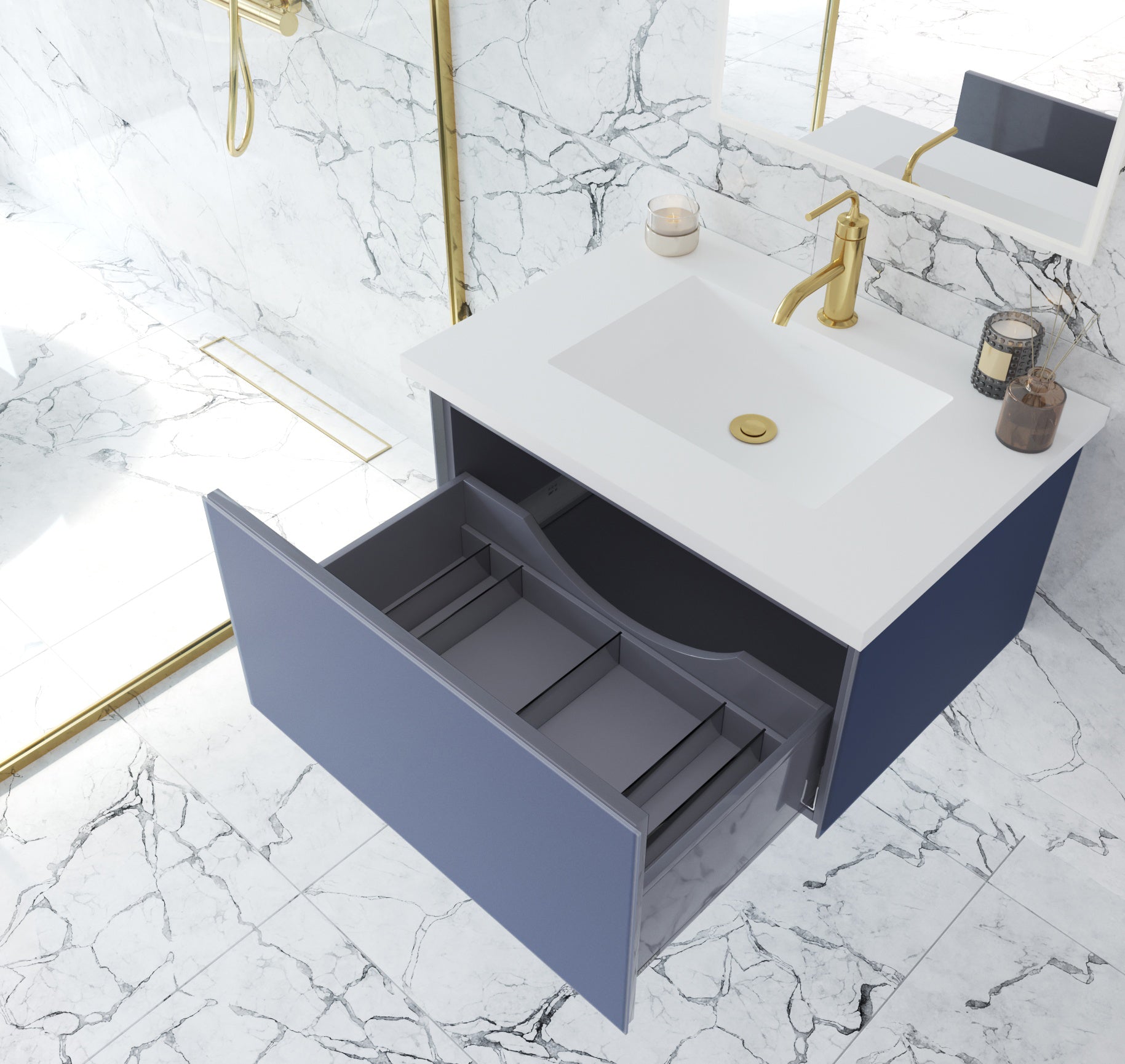 Vitri 30" Nautical Blue Bathroom Vanity with VIVA Stone Matte White Solid Surface Countertop