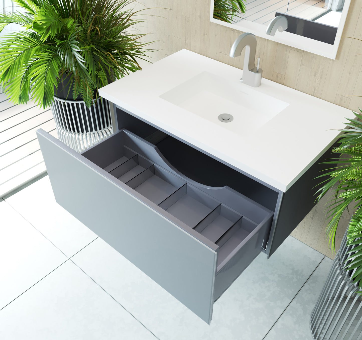 Vitri 36" Fossil Grey Bathroom Vanity with VIVA Stone Matte White Solid Surface Countertop