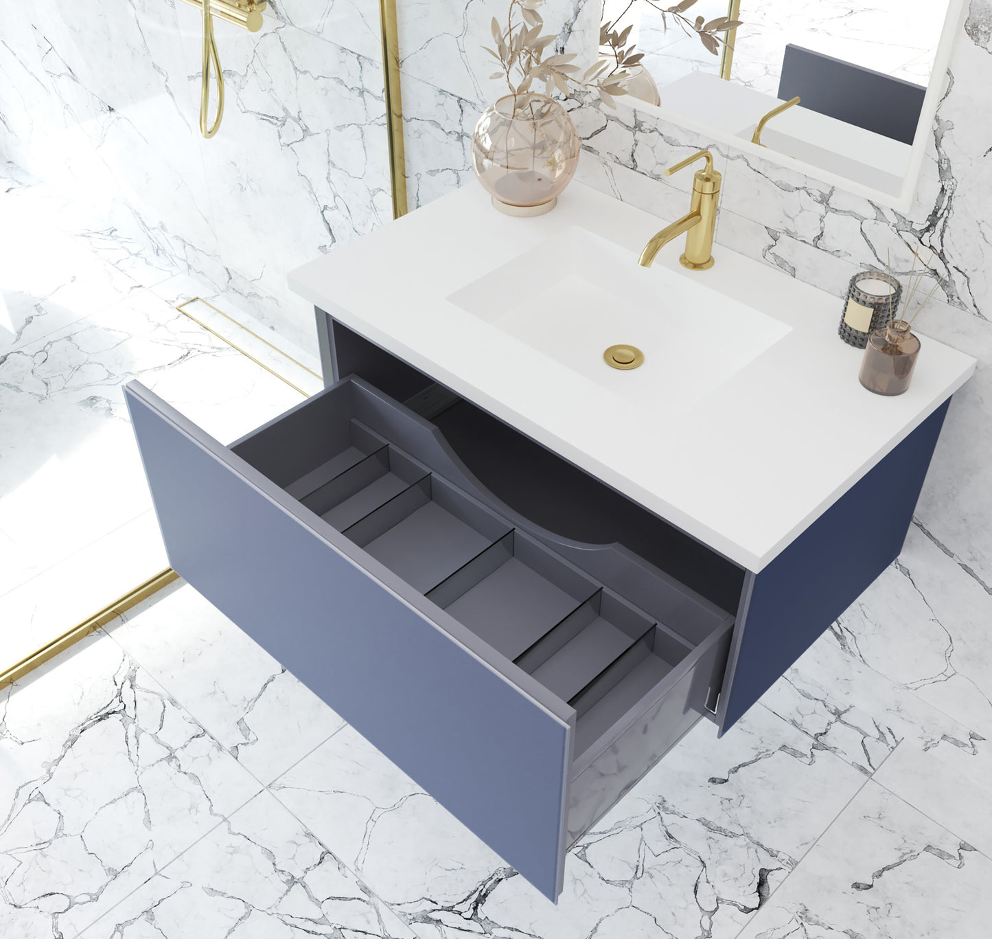 Vitri 36" Nautical Blue Bathroom Vanity with VIVA Stone Matte White Solid Surface Countertop