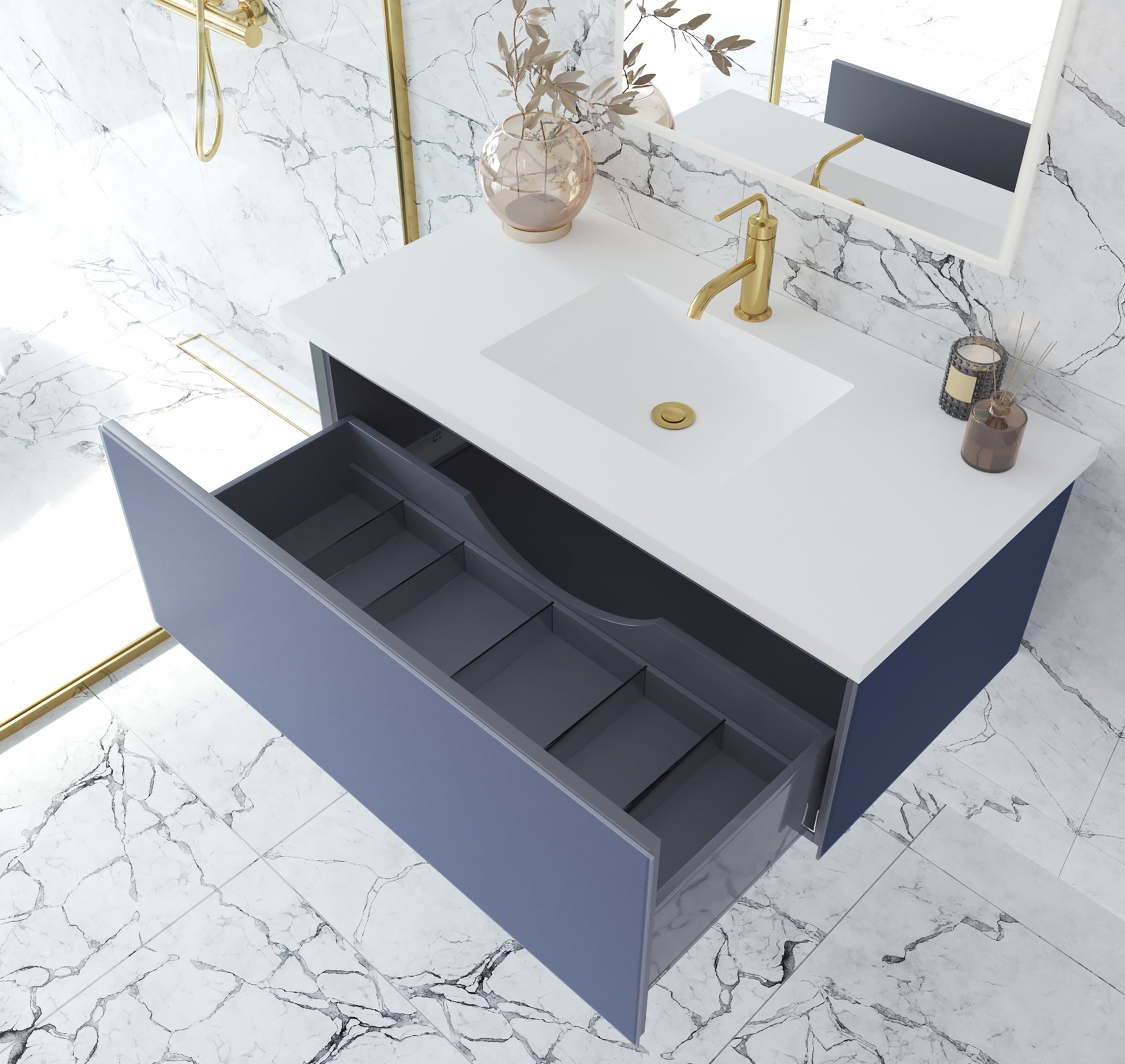 Vitri 42" Nautical Blue Bathroom Vanity with VIVA Stone Matte White Solid Surface Countertop