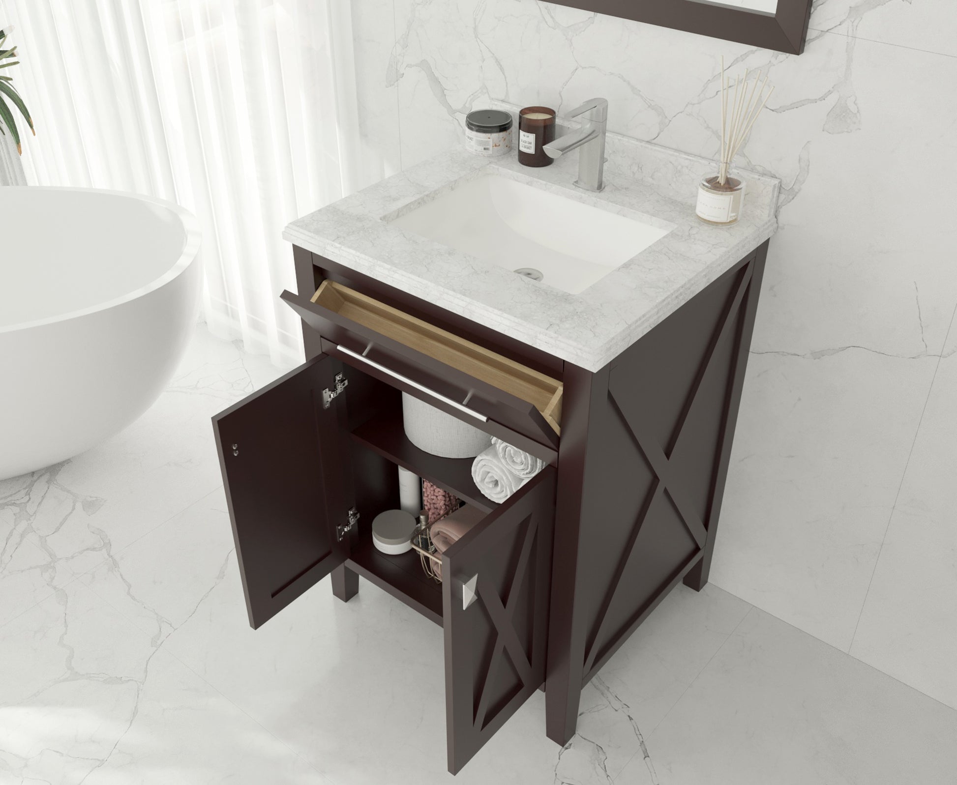 Wimbledon 24" Brown Bathroom Vanity with Black Wood Marble Countertop