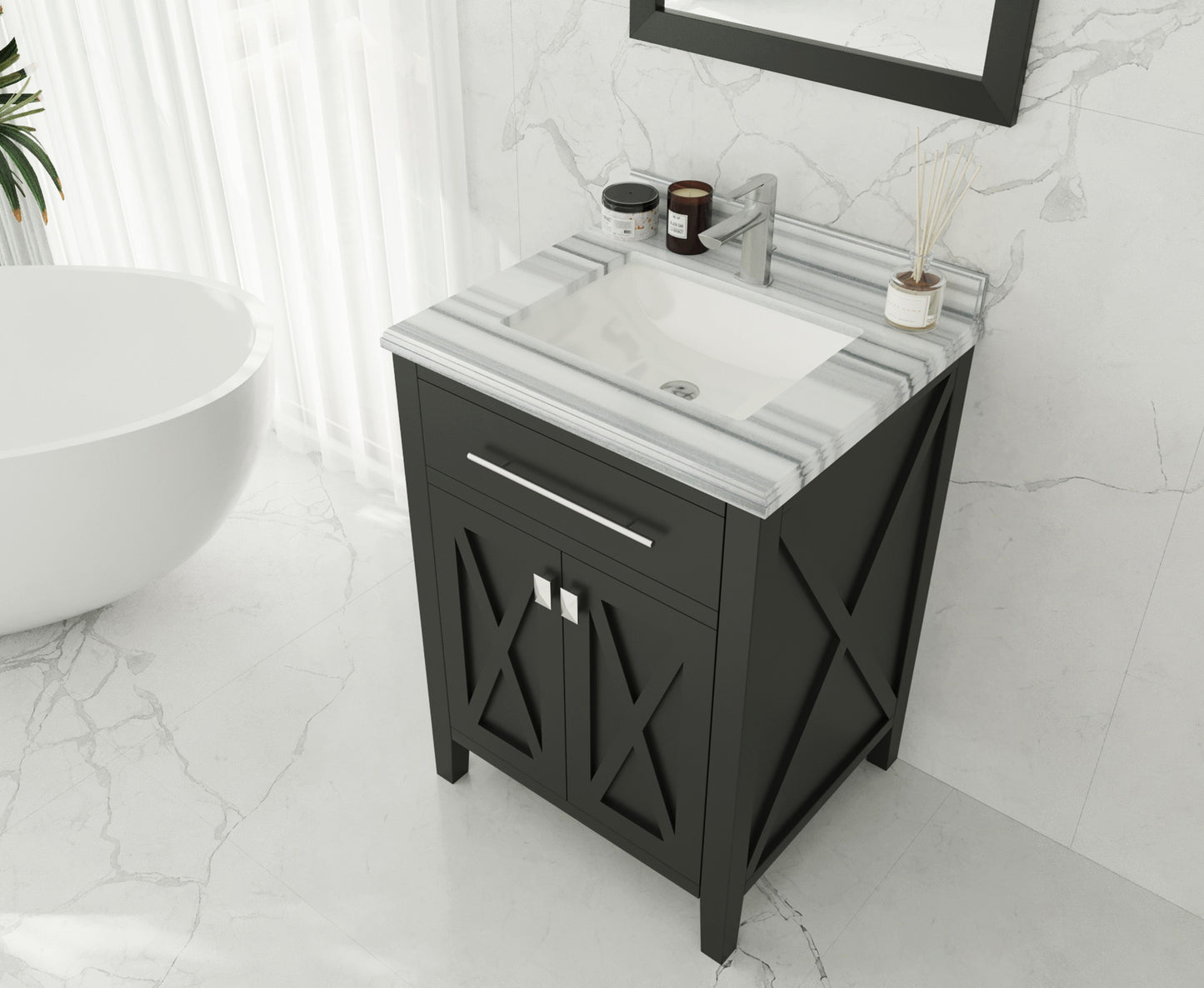 Wimbledon 24" Espresso Bathroom Vanity with White Stripes Marble Countertop