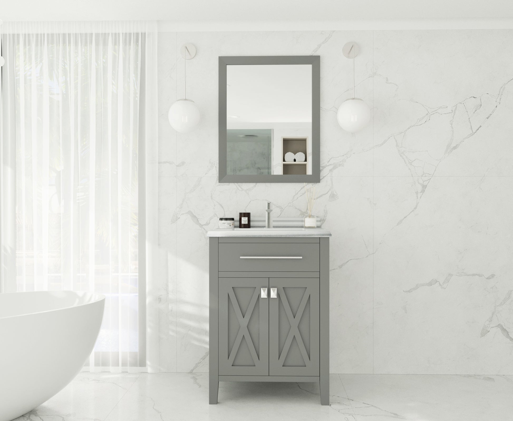 Wimbledon 24" Grey Bathroom Vanity with White Stripes Marble Countertop