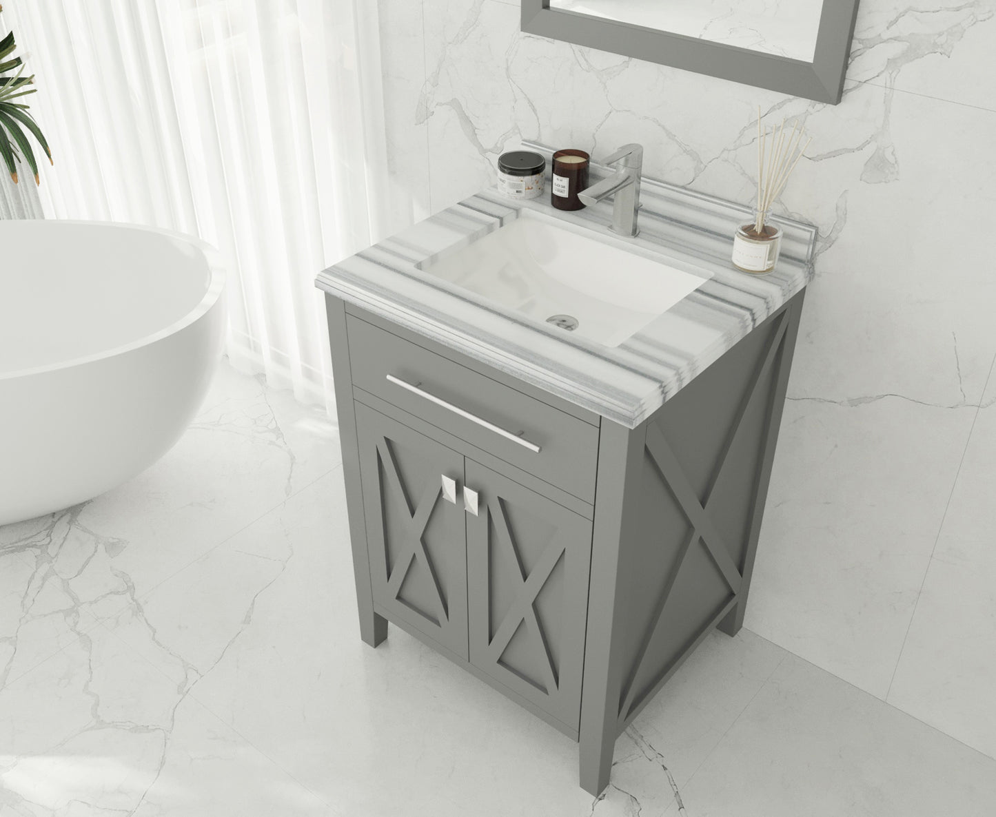 Wimbledon 24" Grey Bathroom Vanity with White Stripes Marble Countertop