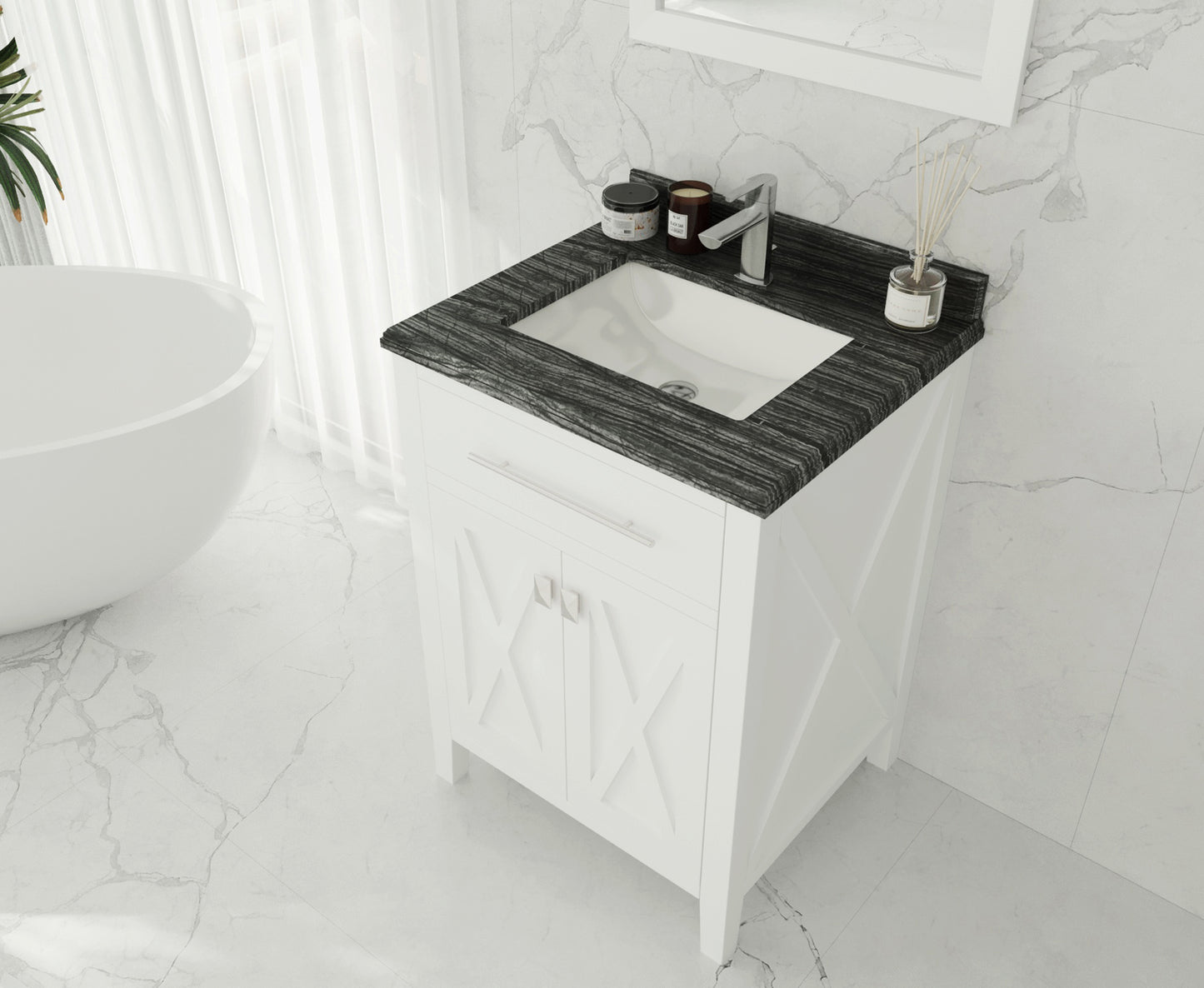 Wimbledon 24" White Bathroom Vanity with Black Wood Marble Countertop