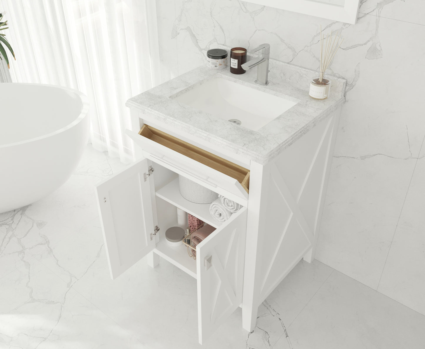 Wimbledon 24" White Bathroom Vanity with Black Wood Marble Countertop