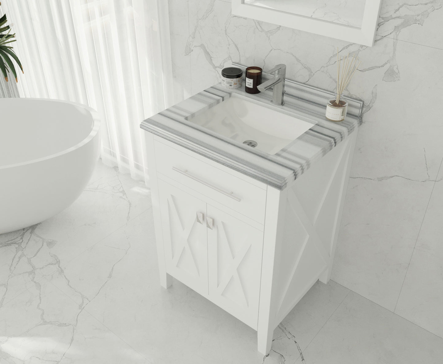 Wimbledon 24" White Bathroom Vanity with White Stripes Marble Countertop