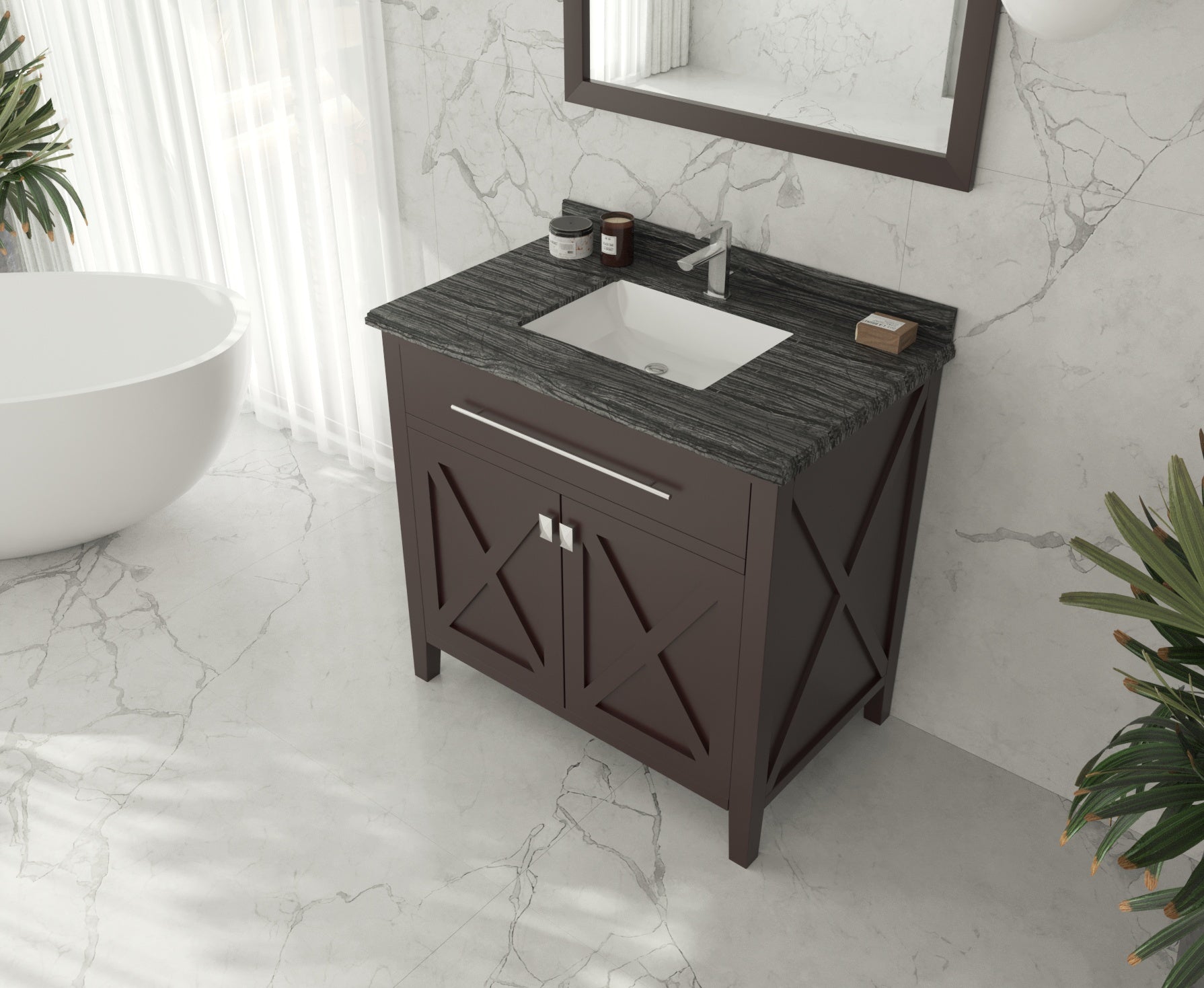 Wimbledon 36" Brown Bathroom Vanity with Black Wood Marble Countertop