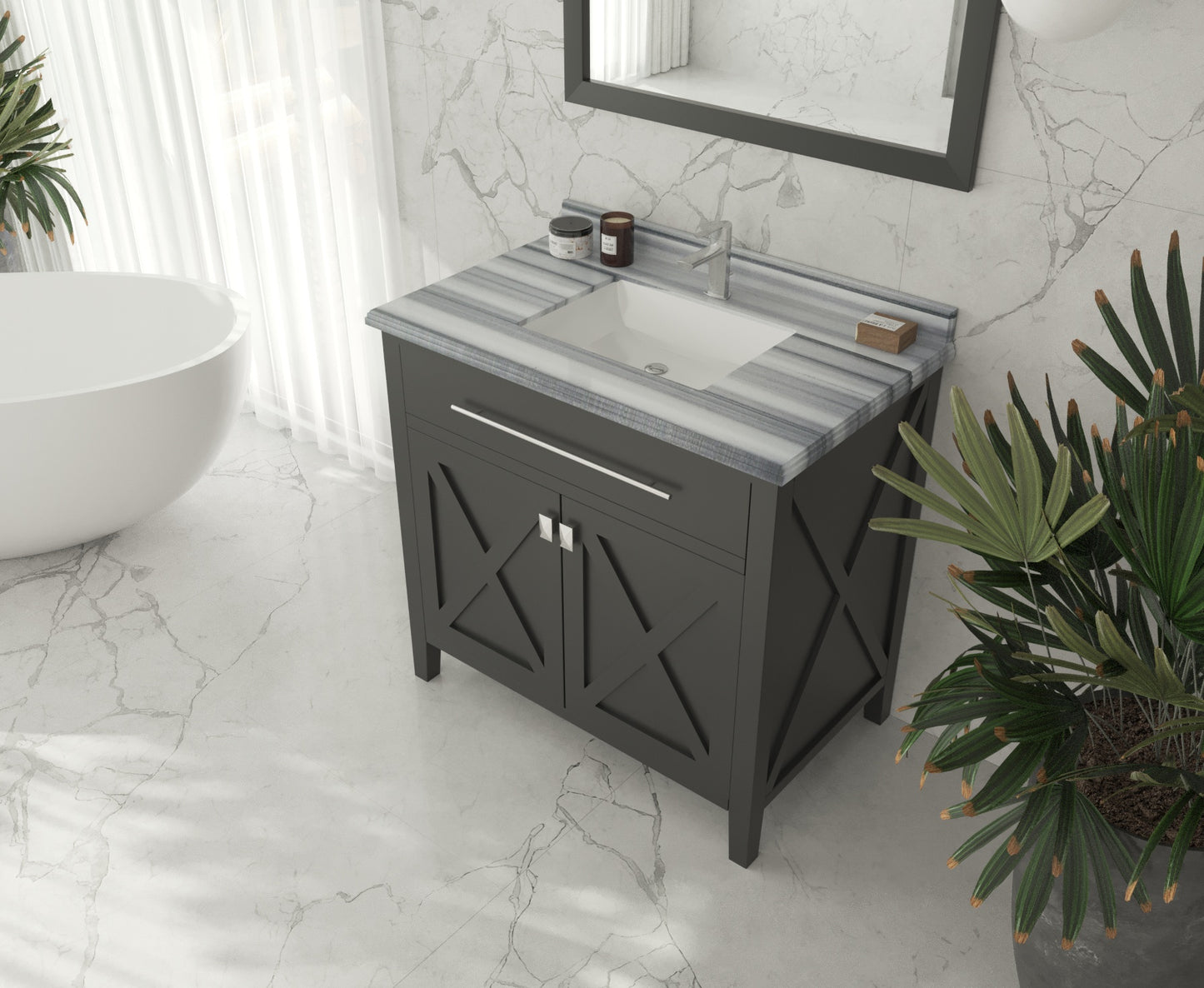 Wimbledon 36" Espresso Bathroom Vanity with White Stripes Marble Countertop