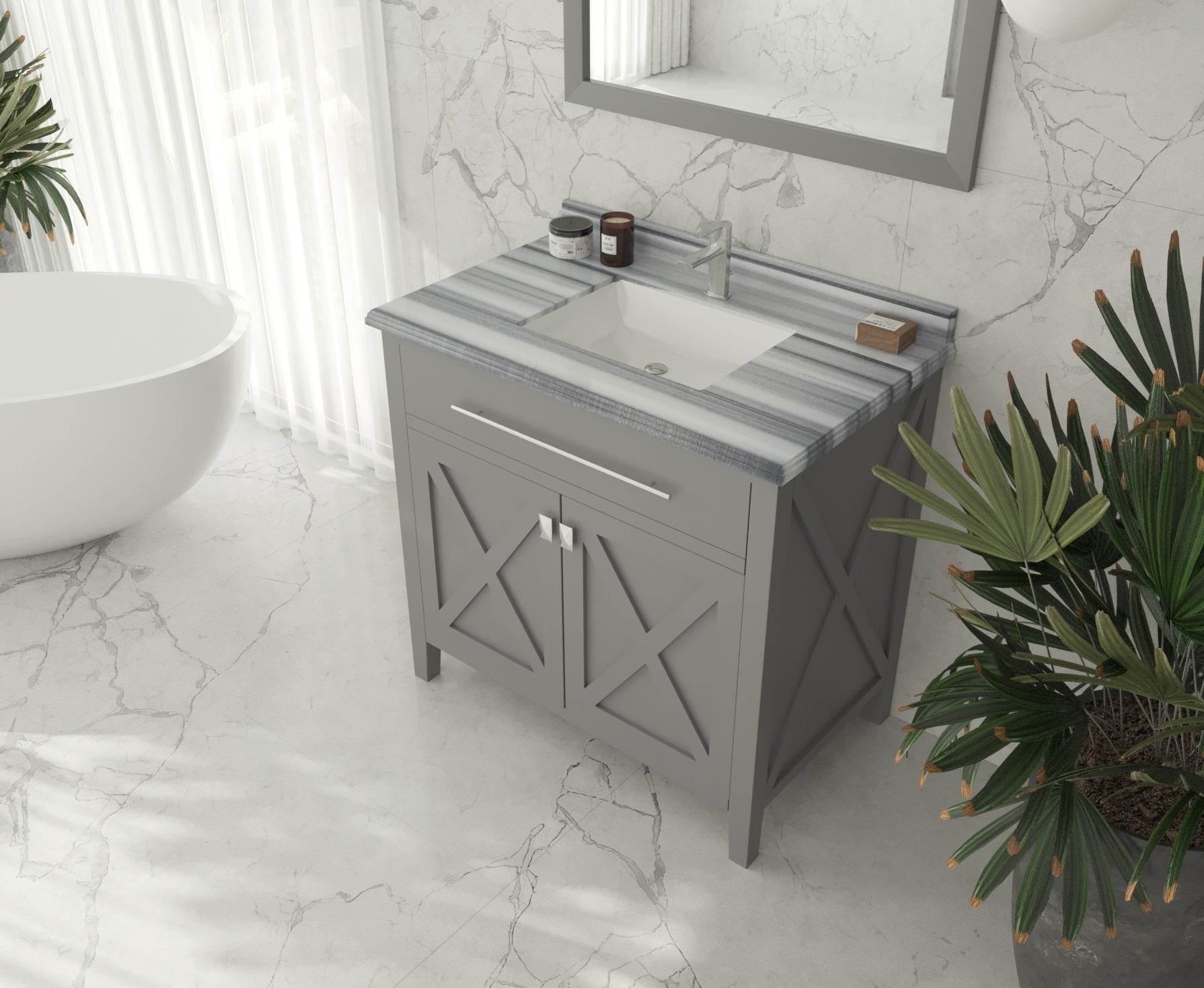 Wimbledon 36" Grey Bathroom Vanity with White Stripes Marble Countertop