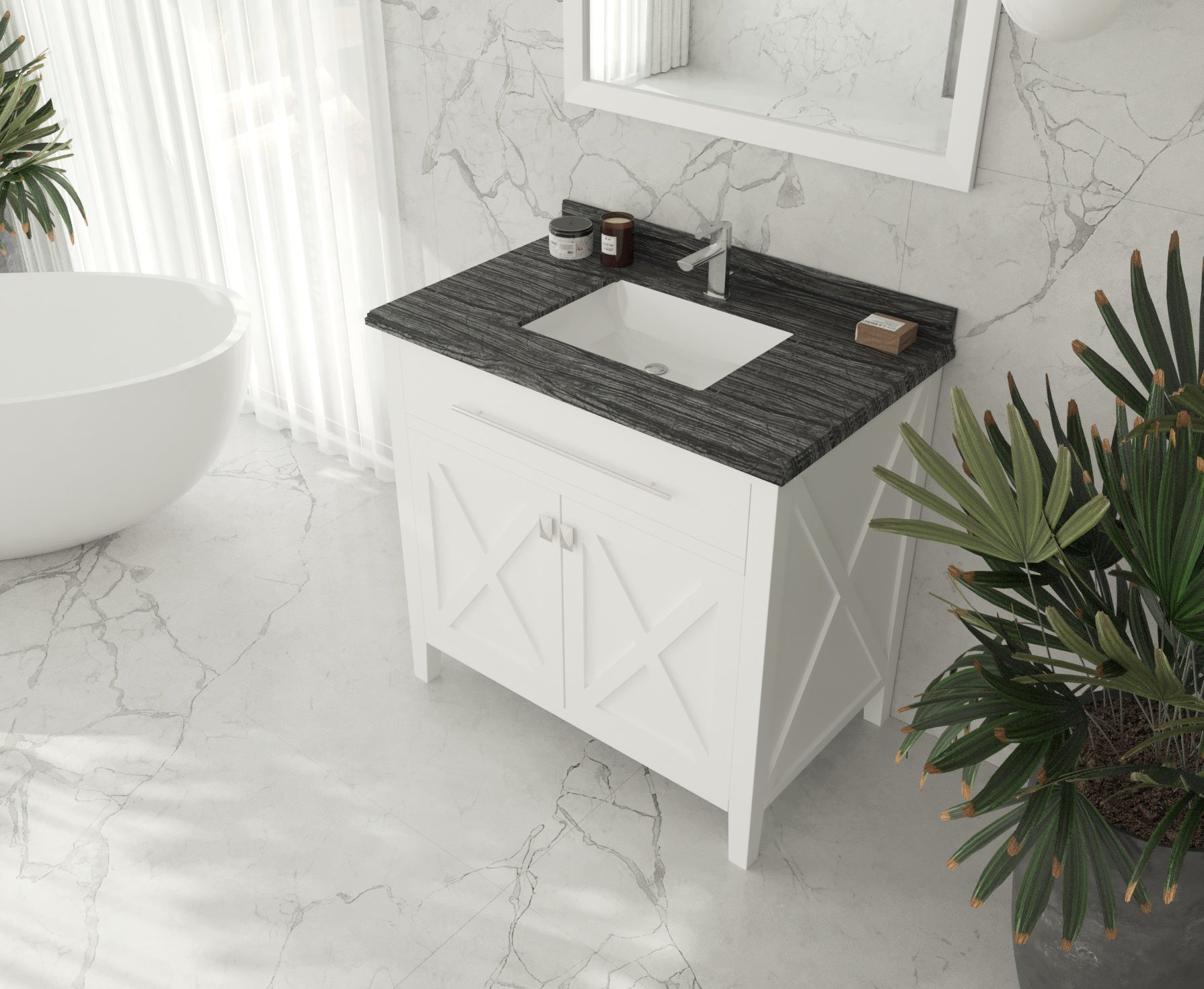 Wimbledon 36" White Bathroom Vanity with Black Wood Marble Countertop