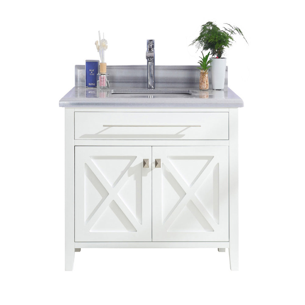 Wimbledon 36" White Bathroom Vanity with White Stripes Marble Countertop