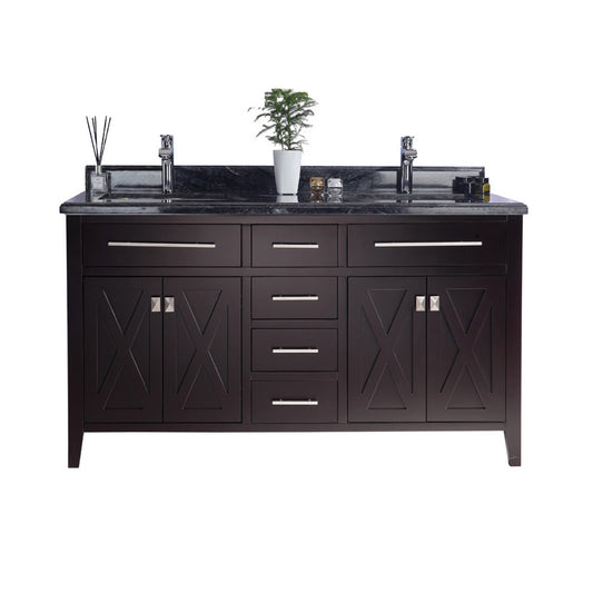 Wimbledon 60" Brown Double Sink Bathroom Vanity with Black Wood Marble Countertop