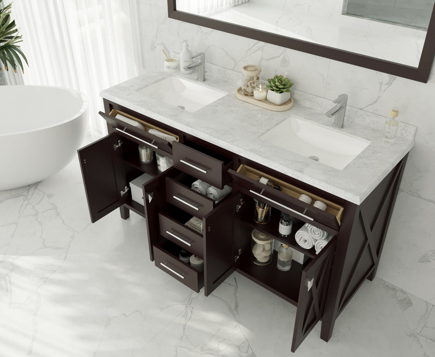 Wimbledon 60" Brown Double Sink Bathroom Vanity with Black Wood Marble Countertop