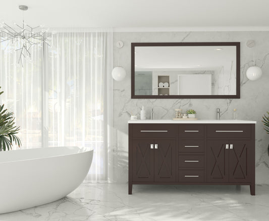 Wimbledon 60" Brown Double Sink Bathroom Vanity with Matte White VIVA Stone Solid Surface Countertop