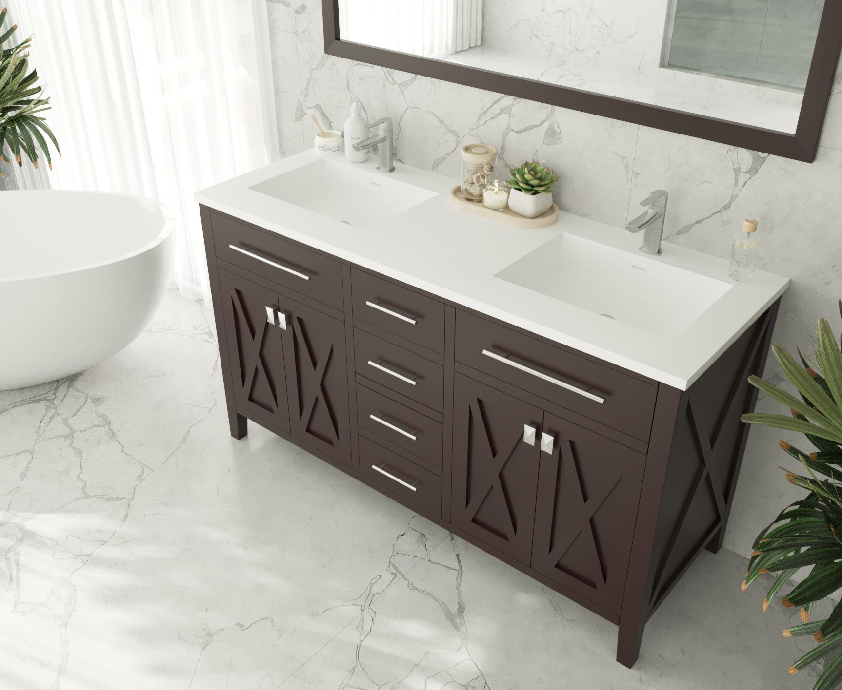 Wimbledon 60" Brown Double Sink Bathroom Vanity with Matte White VIVA Stone Solid Surface Countertop