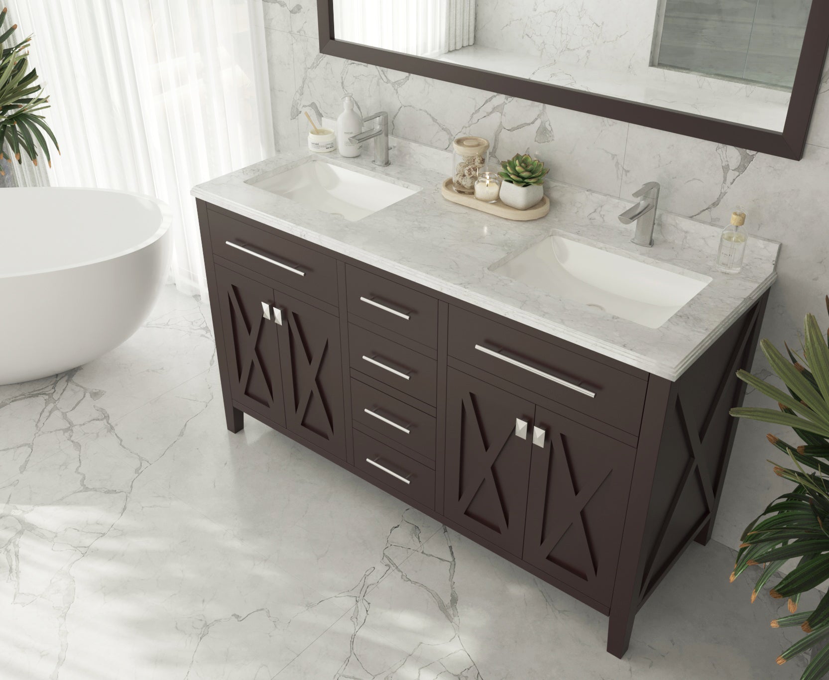 Wimbledon 60" Brown Double Sink Bathroom Vanity with White Carrara Marble Countertop